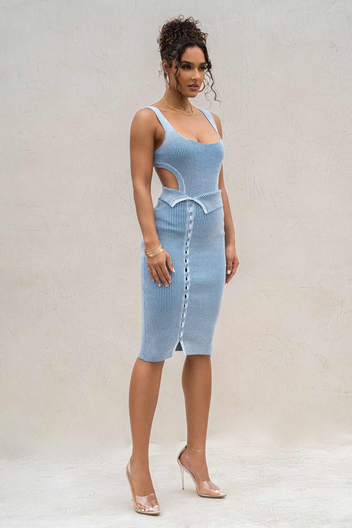 Denim/White Deana Ribbed Bodysuit JLUXLABEL
