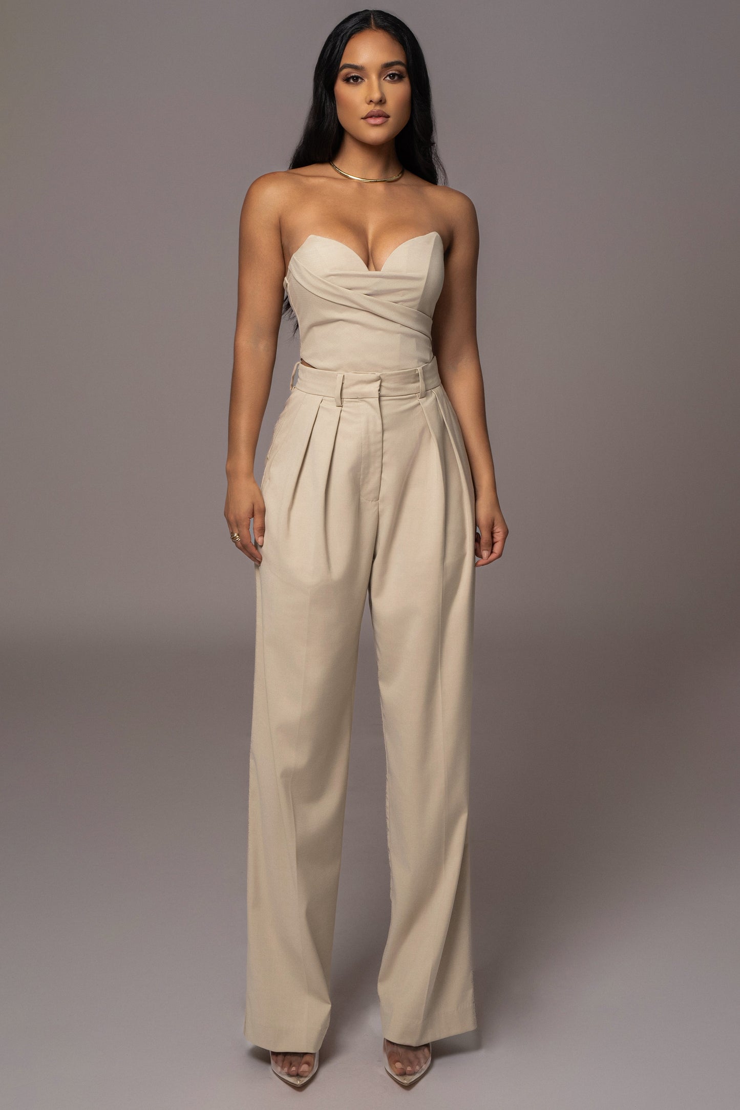 Beige Power Hour High Waist Trousers JLUXLABEL