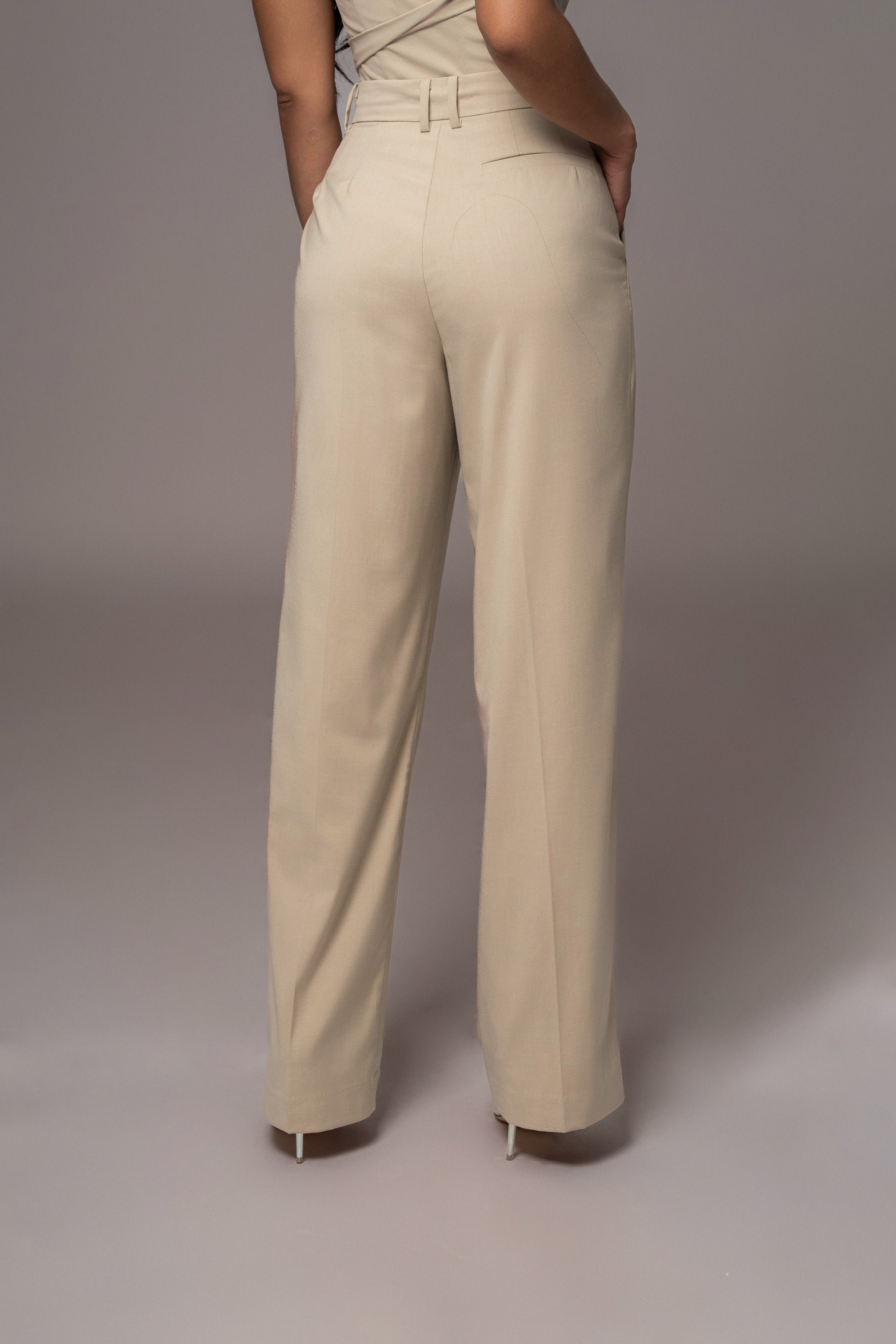 Beige Power Hour High Waist Trousers JLUXLABEL