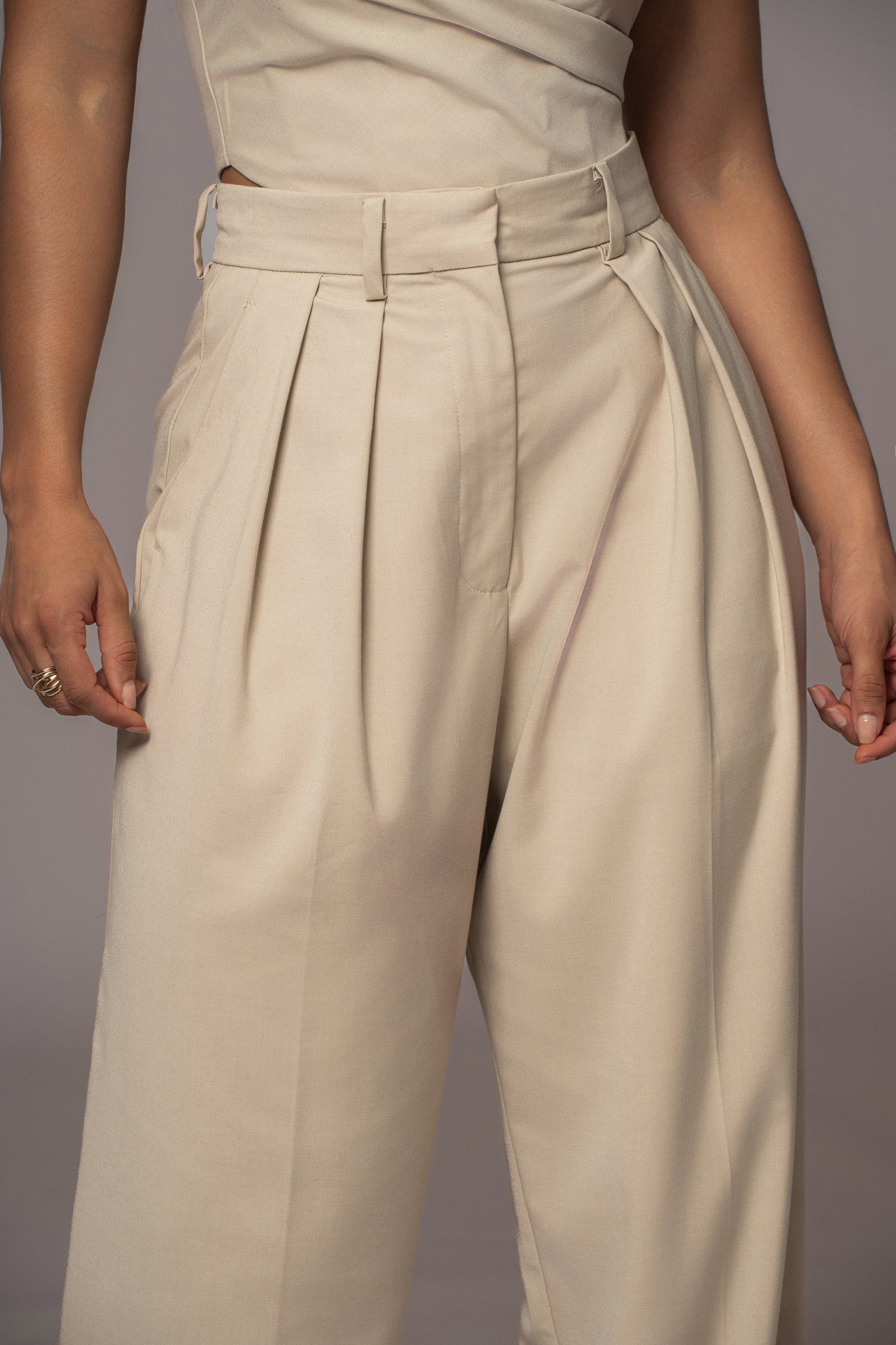 Beige Power Hour High Waist Trousers JLUXLABEL