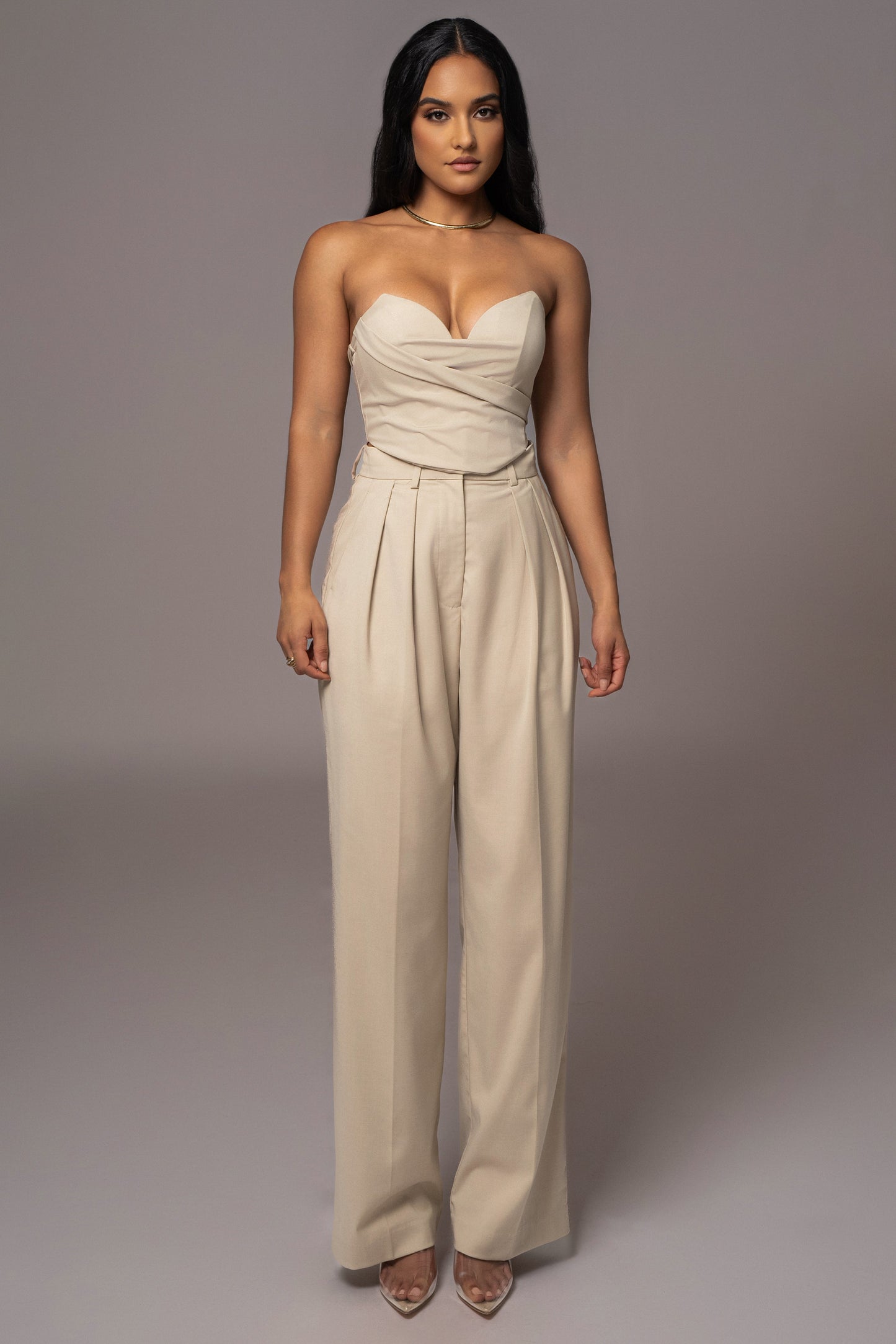 Beige Power Hour High Waist Trousers JLUXLABEL