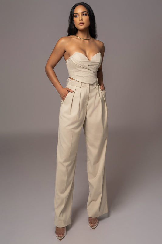 Beige Power Hour High Waist Trousers JLUXLABEL