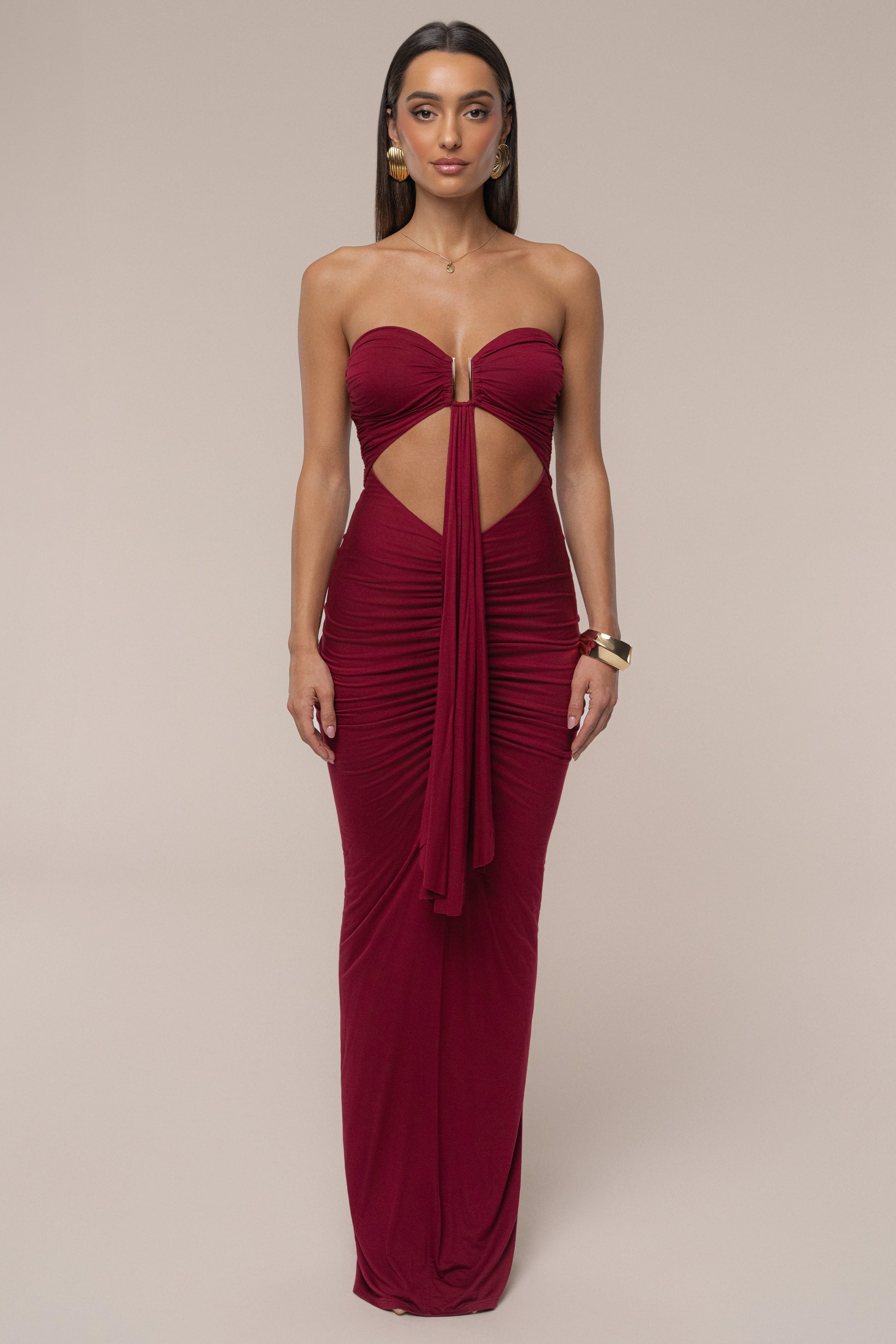 Burgundy Atlantis Drape Maxi Dress JLUXLABEL