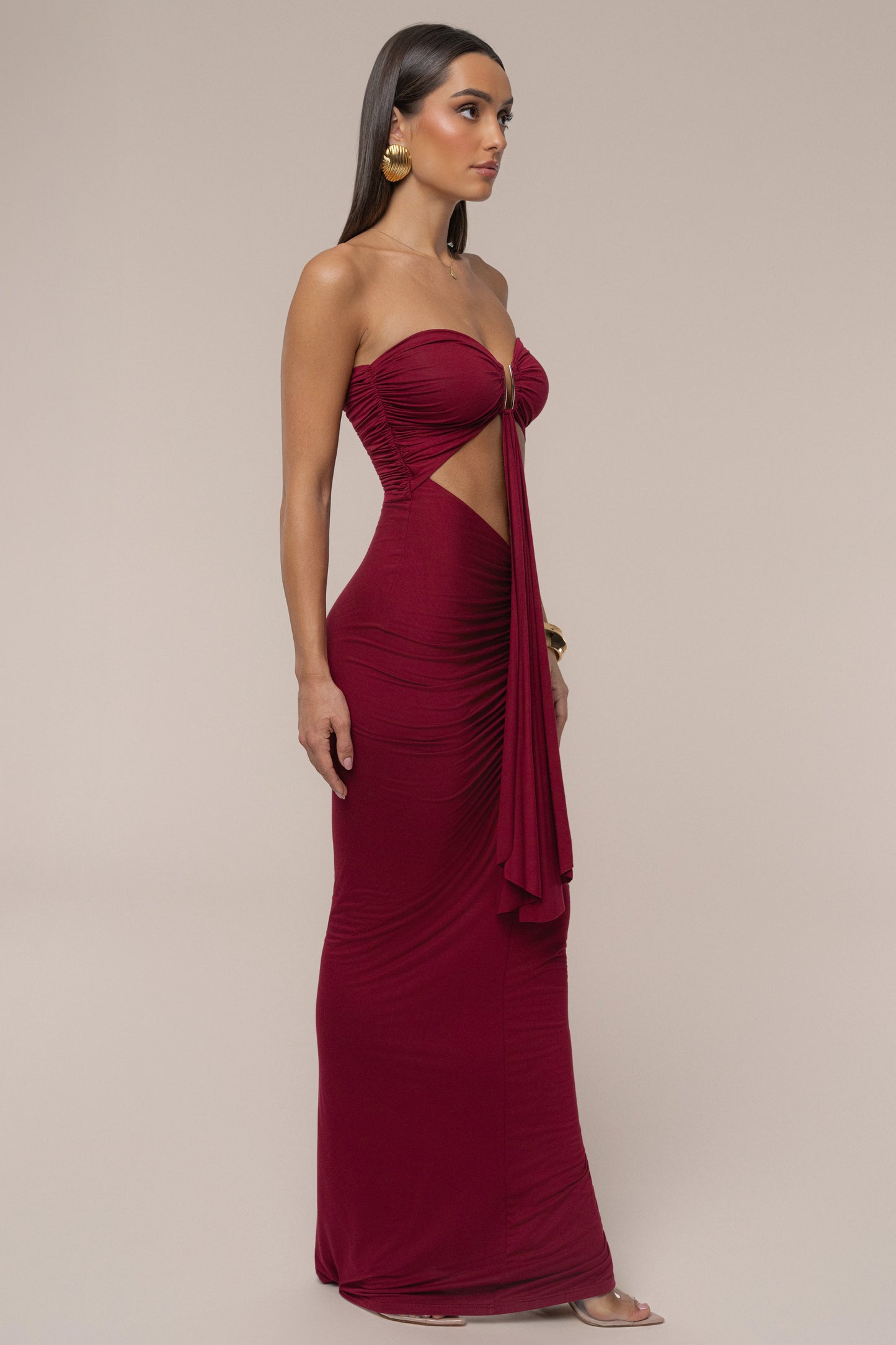 Burgundy Atlantis Drape Maxi Dress JLUXLABEL