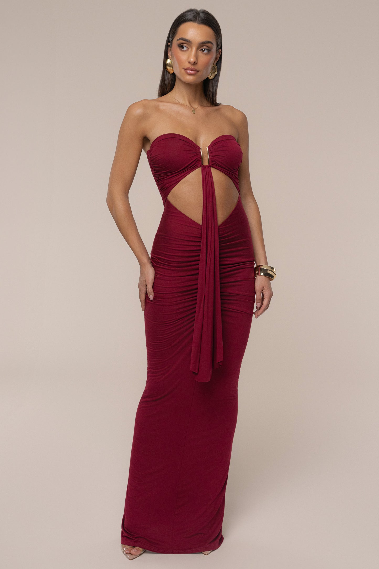 Burgundy Atlantis Drape Maxi Dress JLUXLABEL