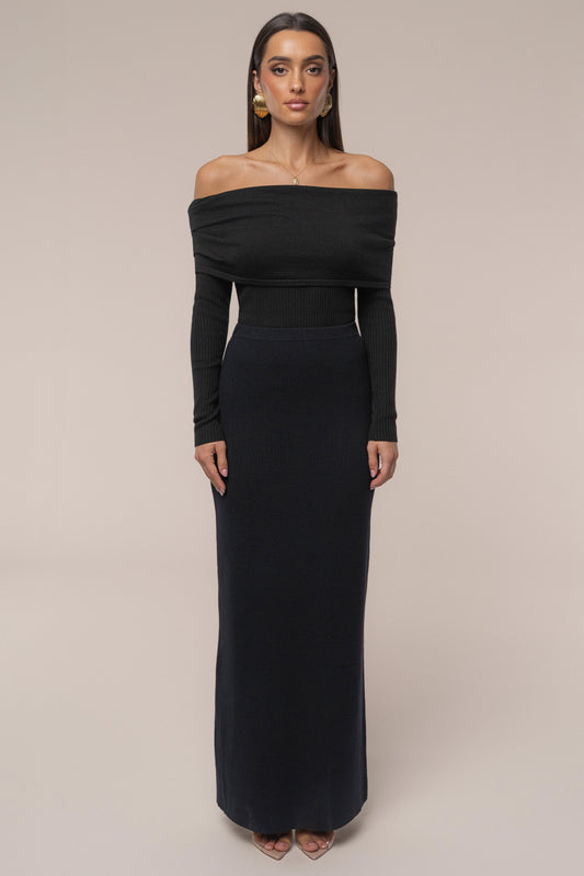 Black London Knit Maxi Skirt JLUXLABEL