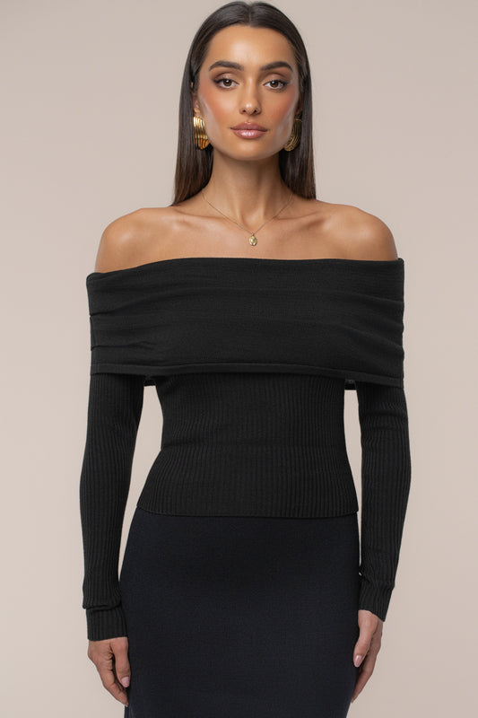 Black Off The Shoulder Knit Top JLUXLABEL