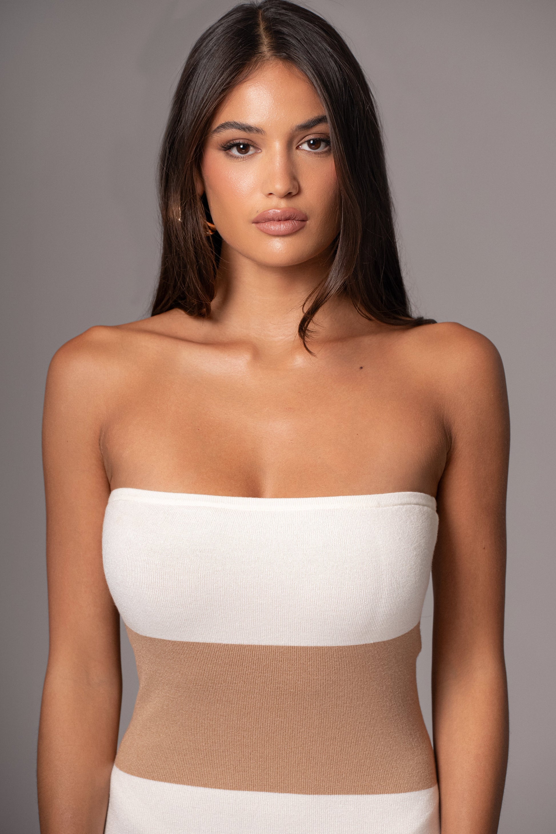Ivory/Beige Striped Strapless Midi Dress JLUXLABEL