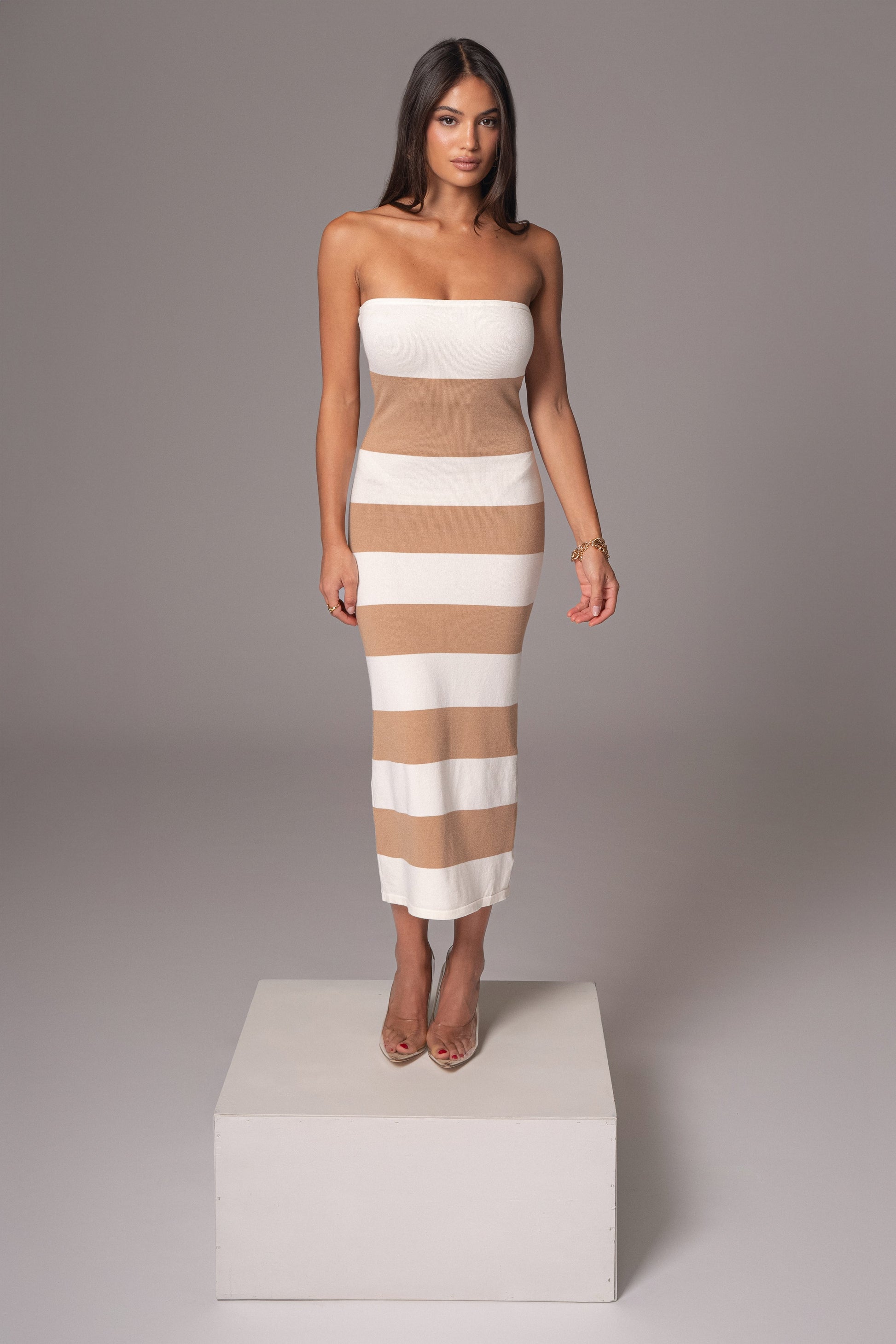 Ivory/Beige Striped Strapless Midi Dress JLUXLABEL