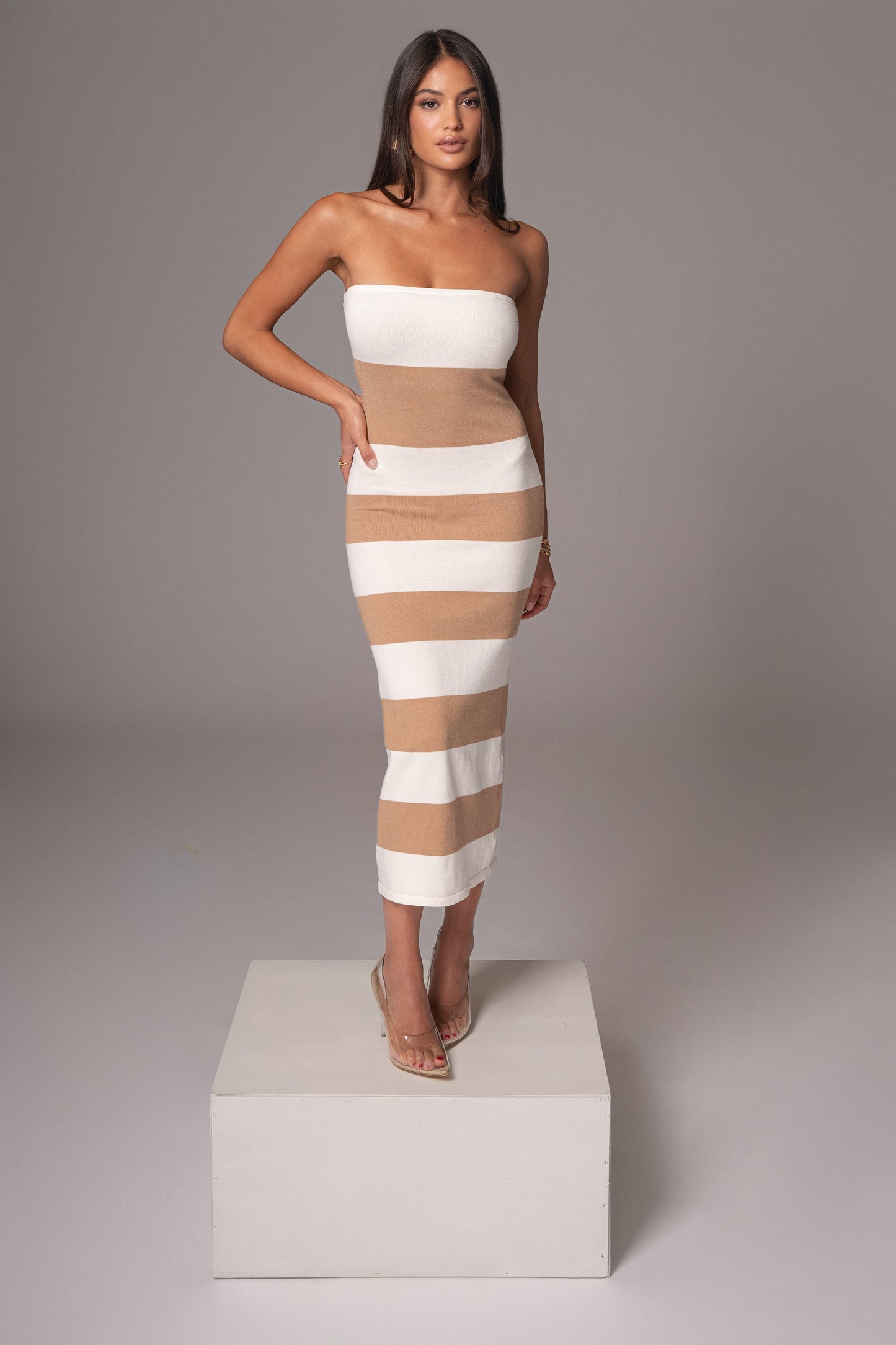 Ivory/Beige Striped Strapless Midi Dress JLUXLABEL