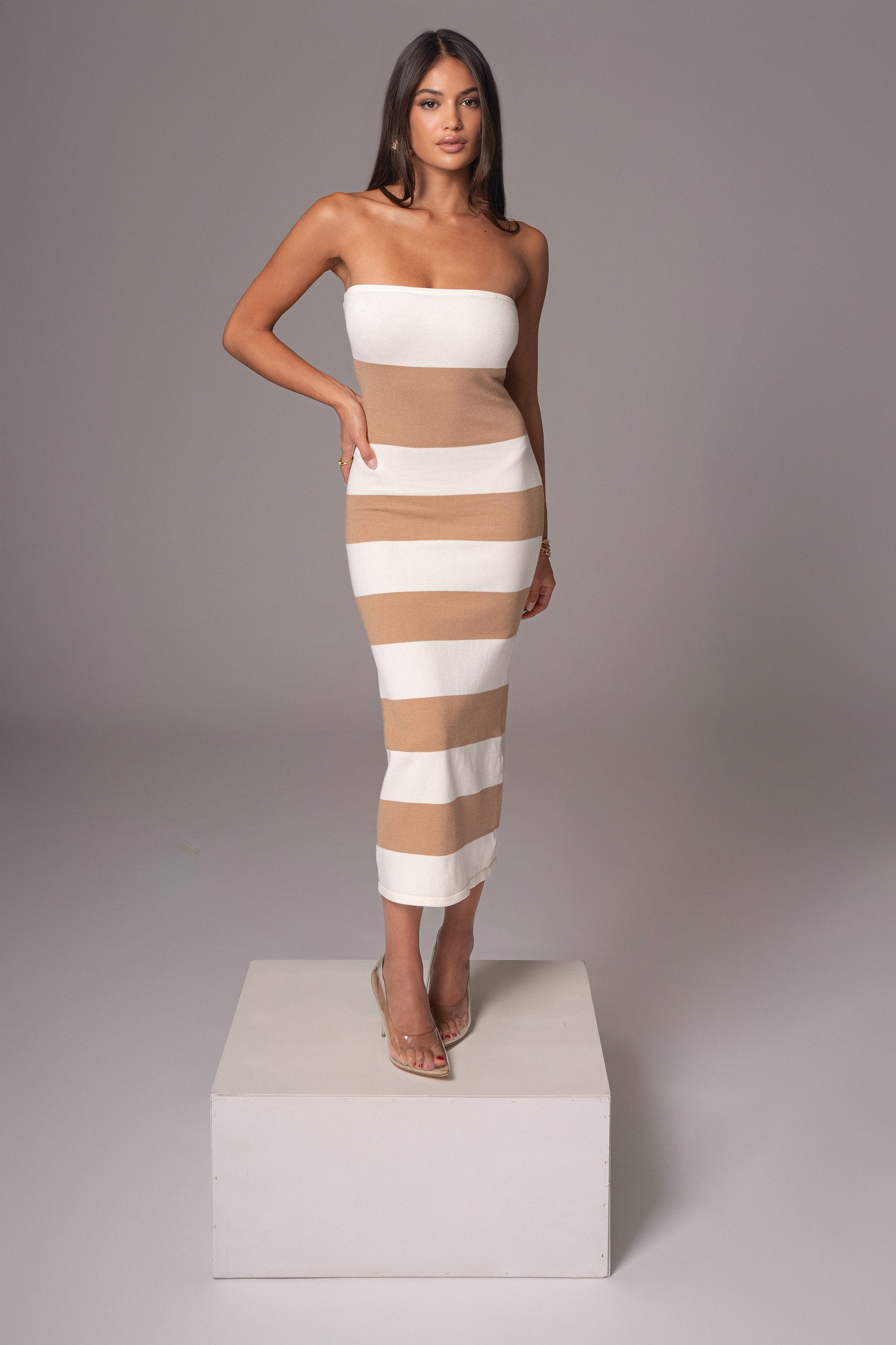 Ivory/Beige Striped Strapless Midi Dress JLUXLABEL