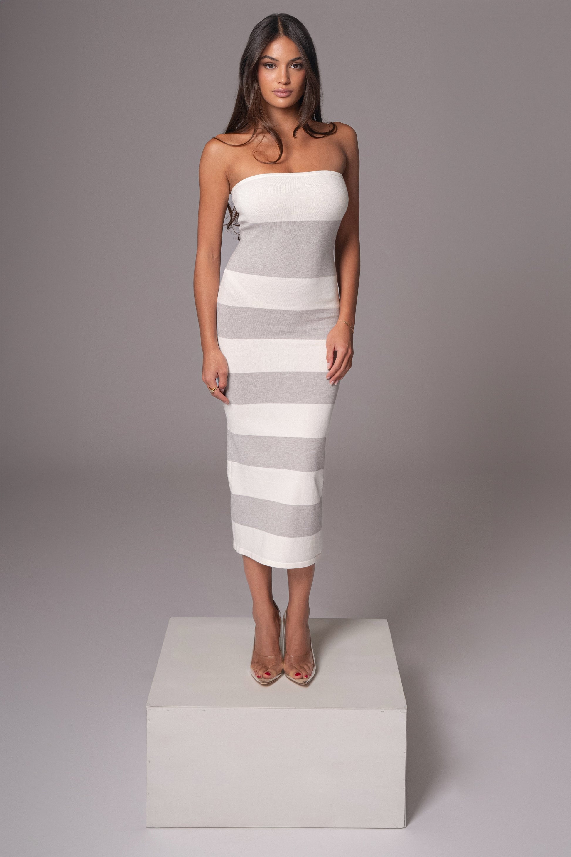 Ivory/Heather Grey Striped Strapless Midi Dress JLUXLABEL