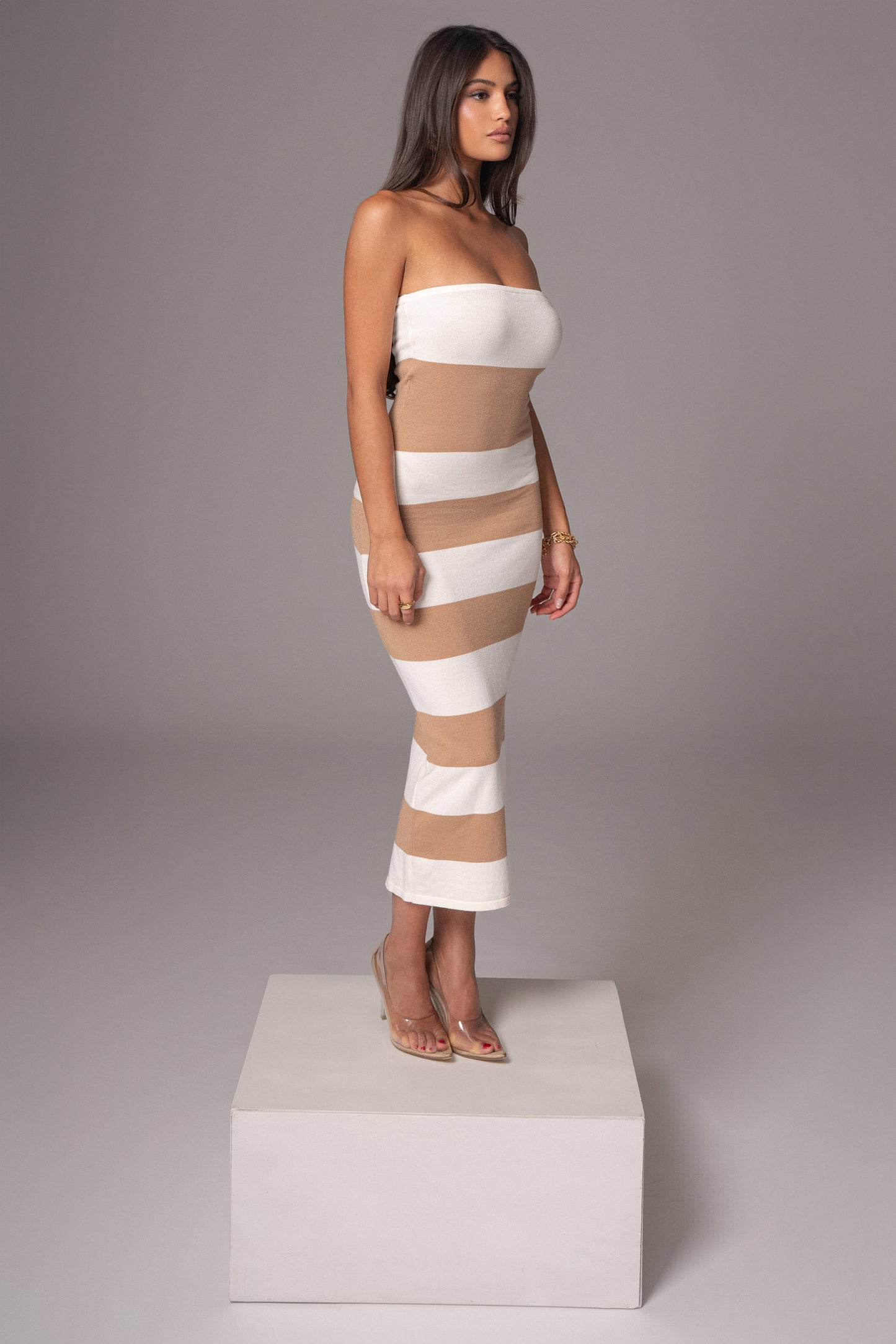 Ivory/Beige Striped Strapless Midi Dress JLUXLABEL