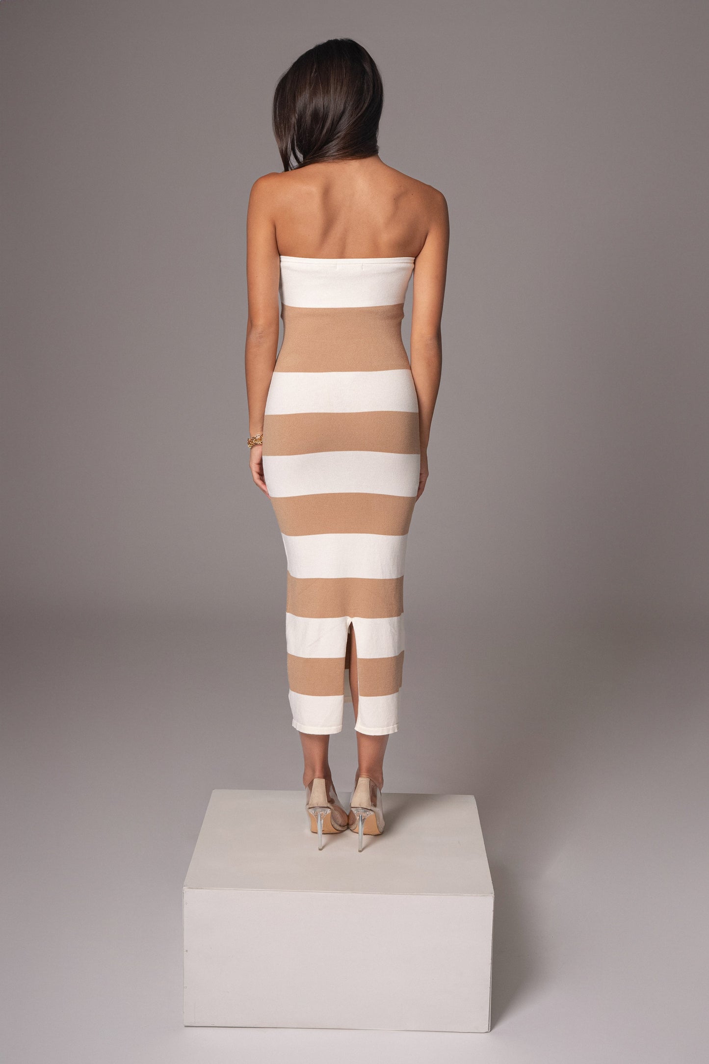 Ivory/Beige Striped Strapless Midi Dress JLUXLABEL