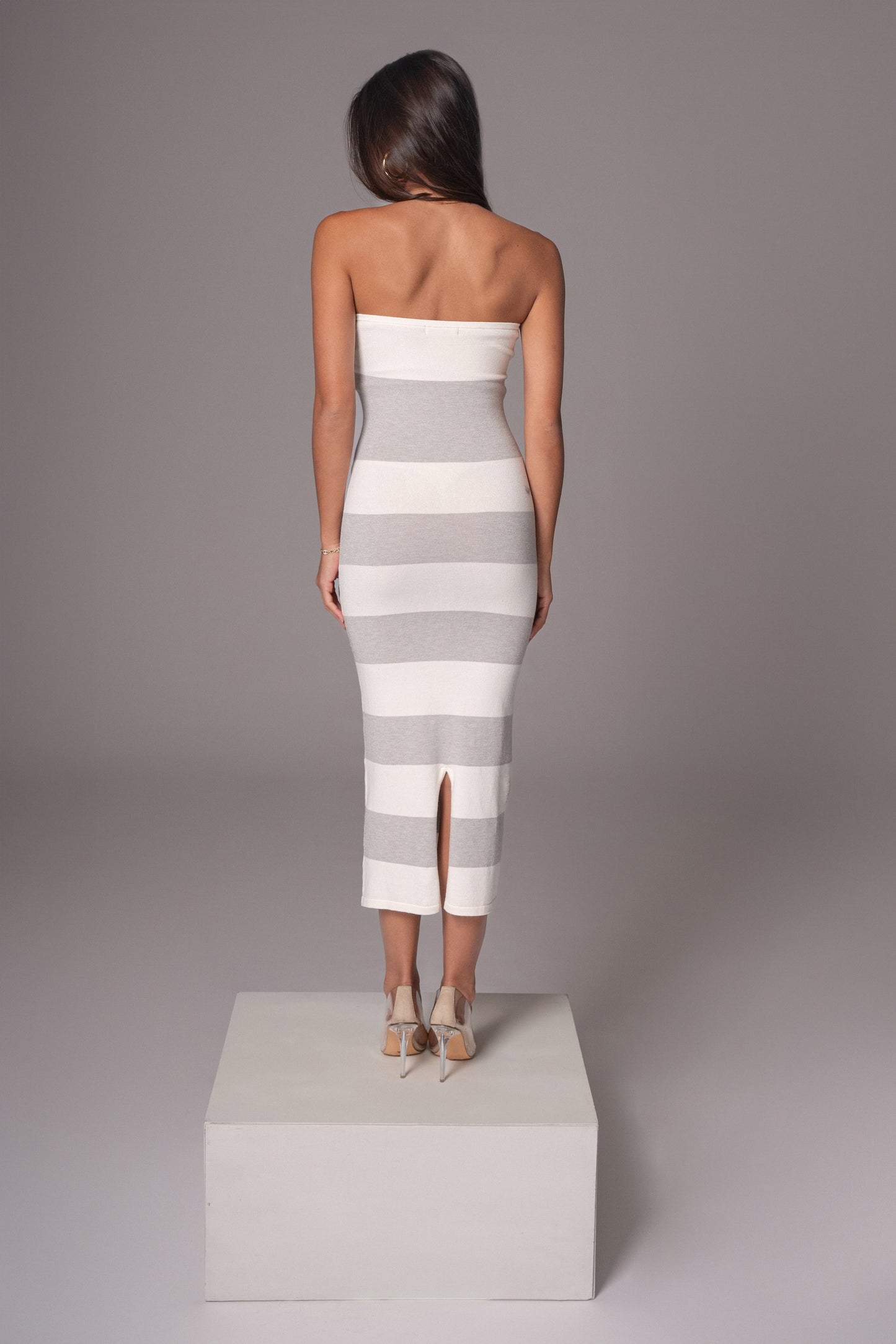 Ivory/Heather Grey Striped Strapless Midi Dress JLUXLABEL