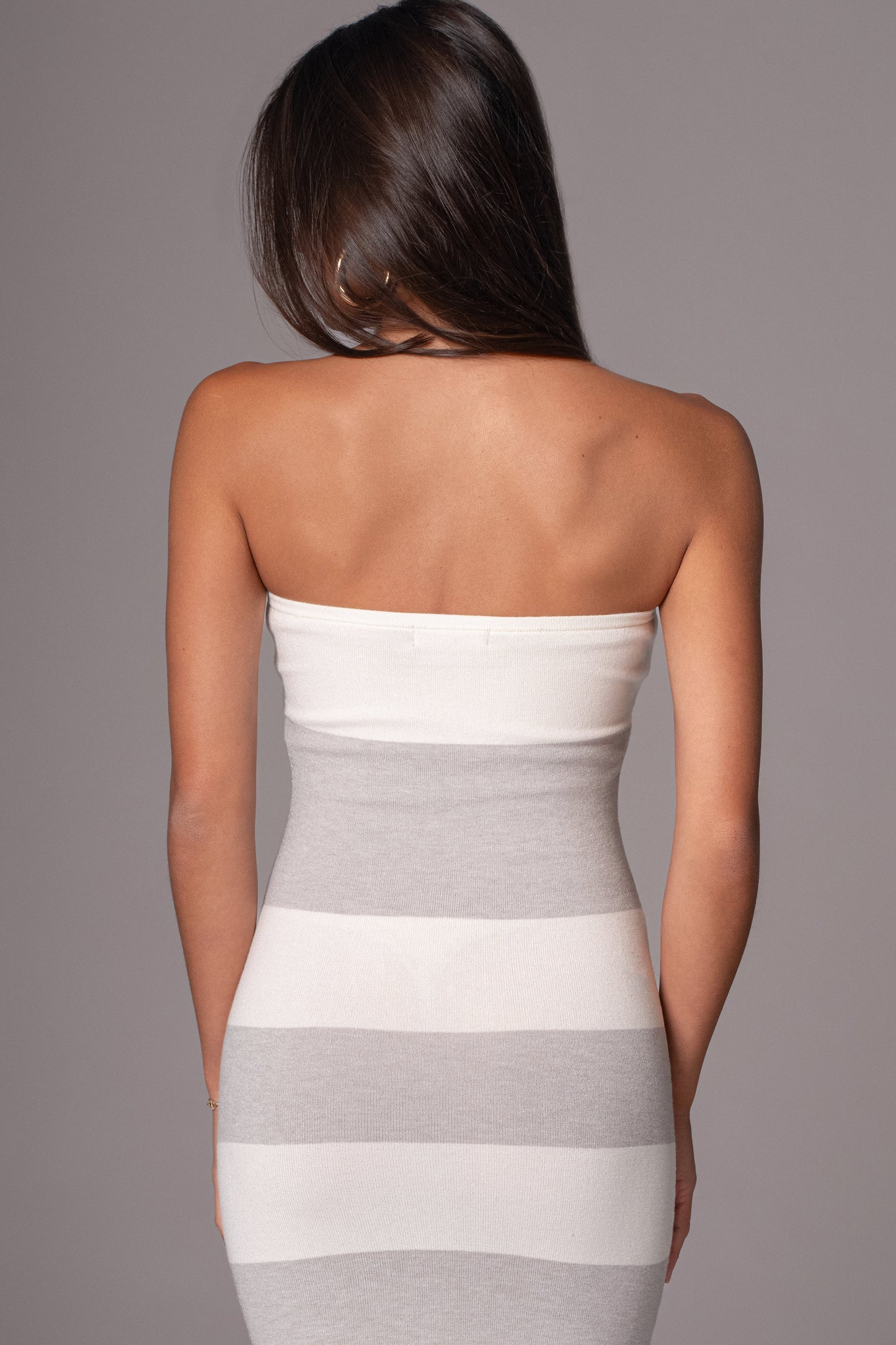 Ivory/Heather Grey Striped Strapless Midi Dress JLUXLABEL