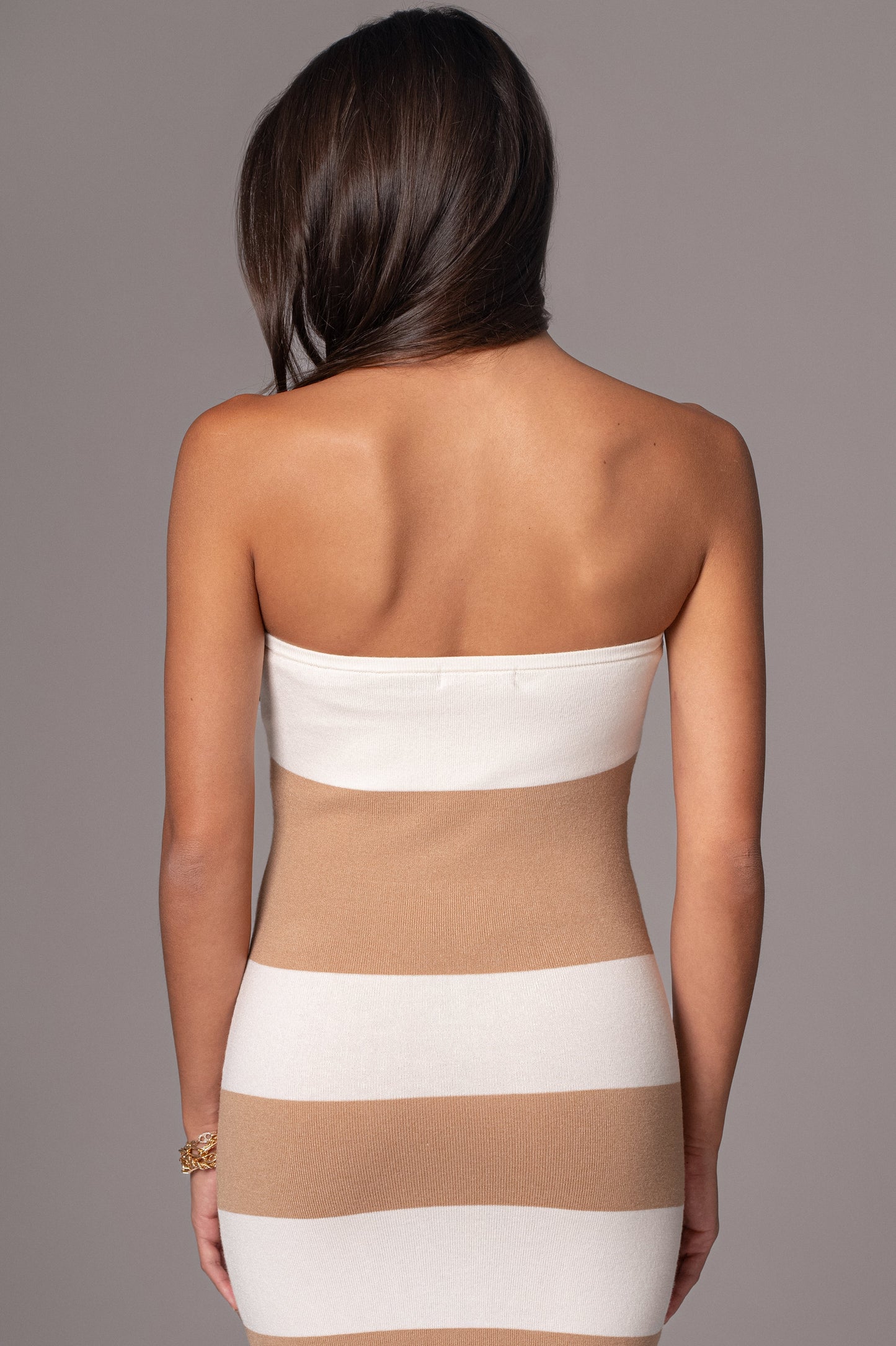 Ivory/Beige Striped Strapless Midi Dress JLUXLABEL