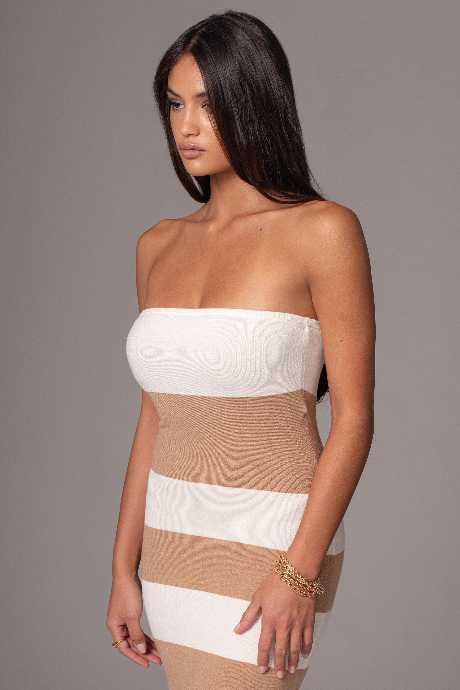 Ivory/Beige Striped Strapless Midi Dress JLUXLABEL