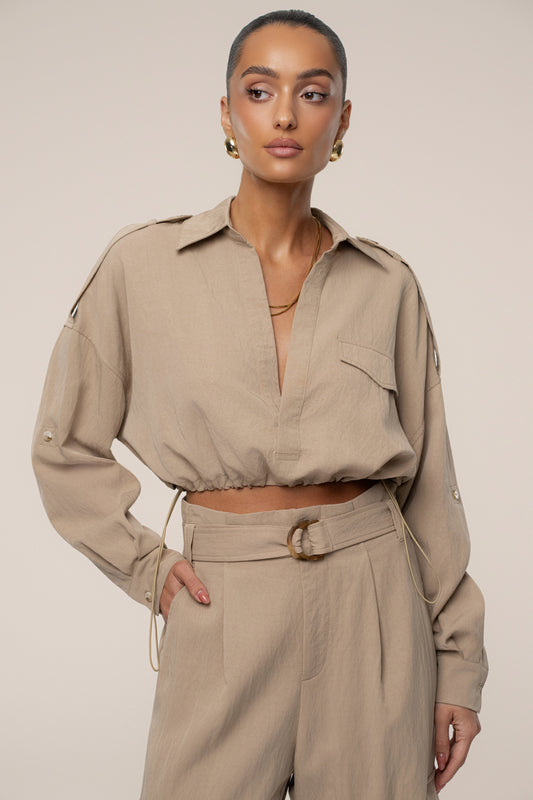 Tan Oasis Collared Crop Top JLUXLABEL