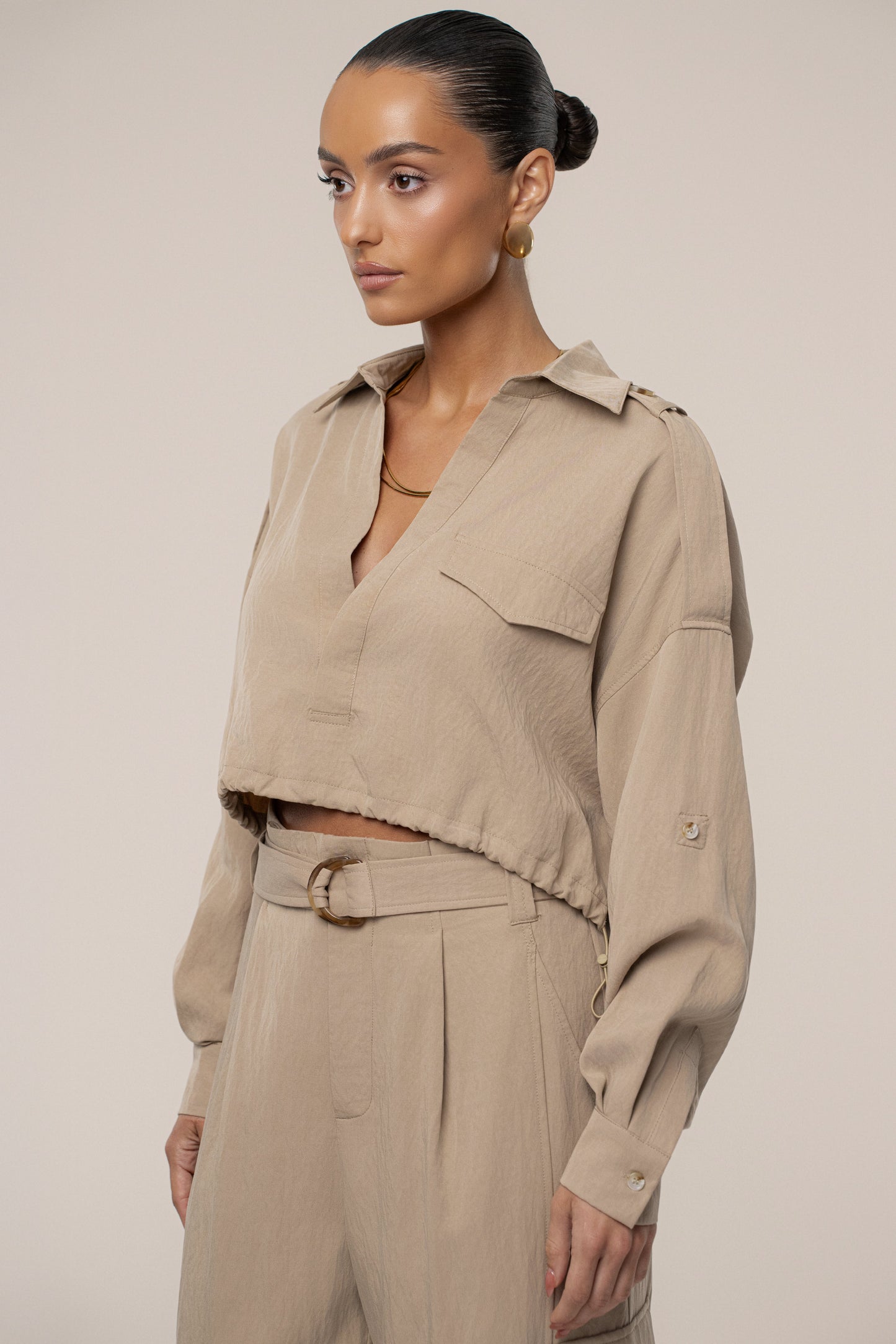 Tan Oasis Collared Crop Top JLUXLABEL