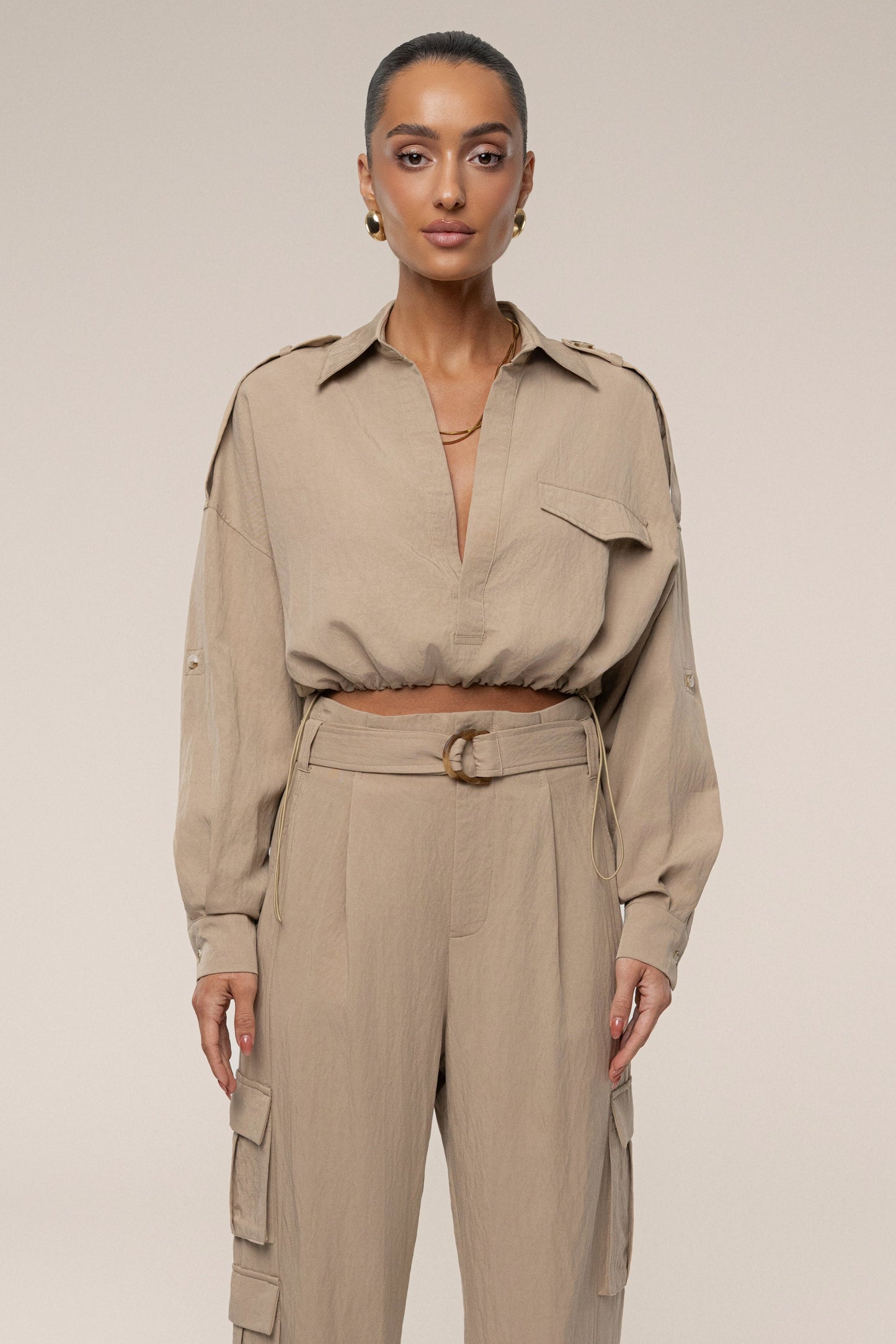 Tan Oasis Collared Crop Top JLUXLABEL