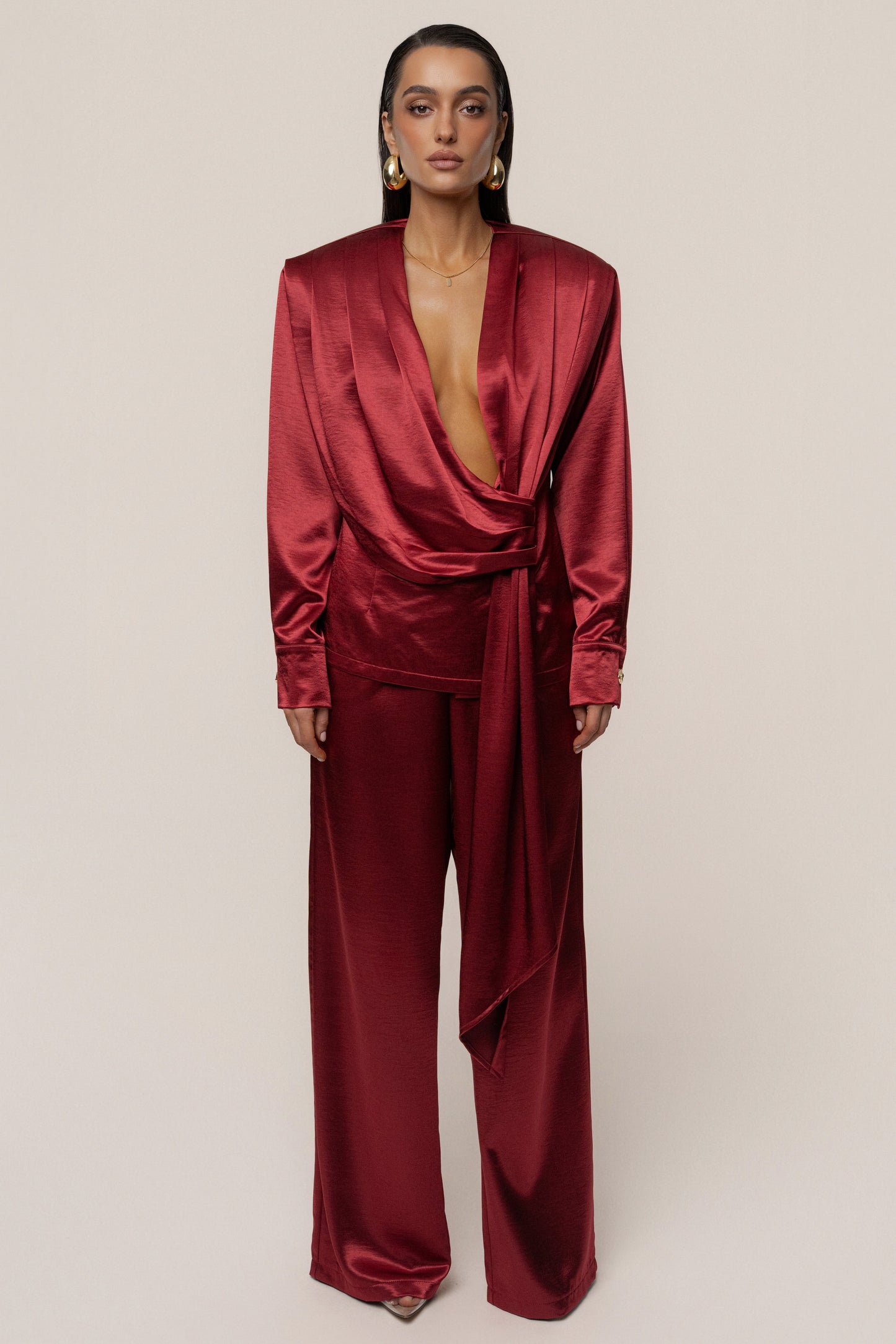 Burgundy Statement Draped Satin Top JLUXLABEL