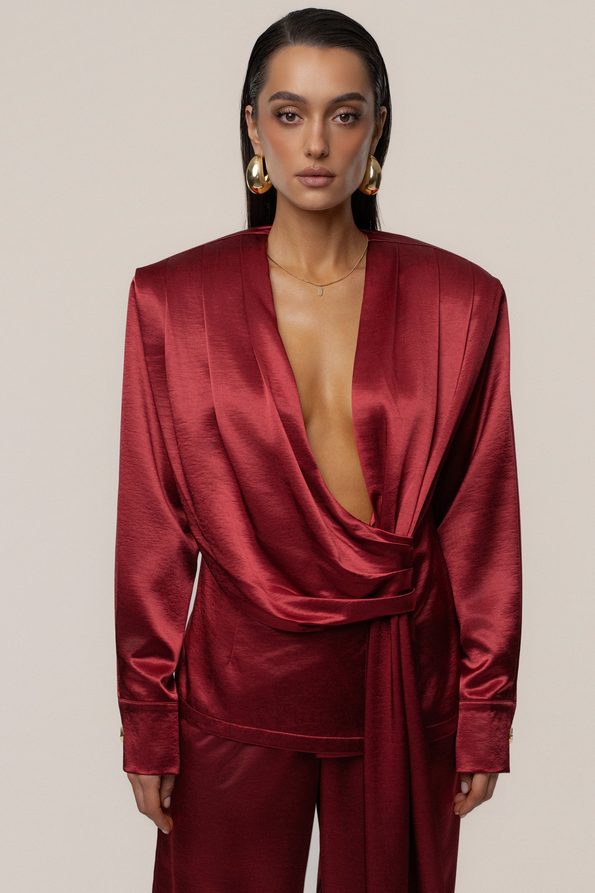 Burgundy Statement Draped Satin Top JLUXLABEL