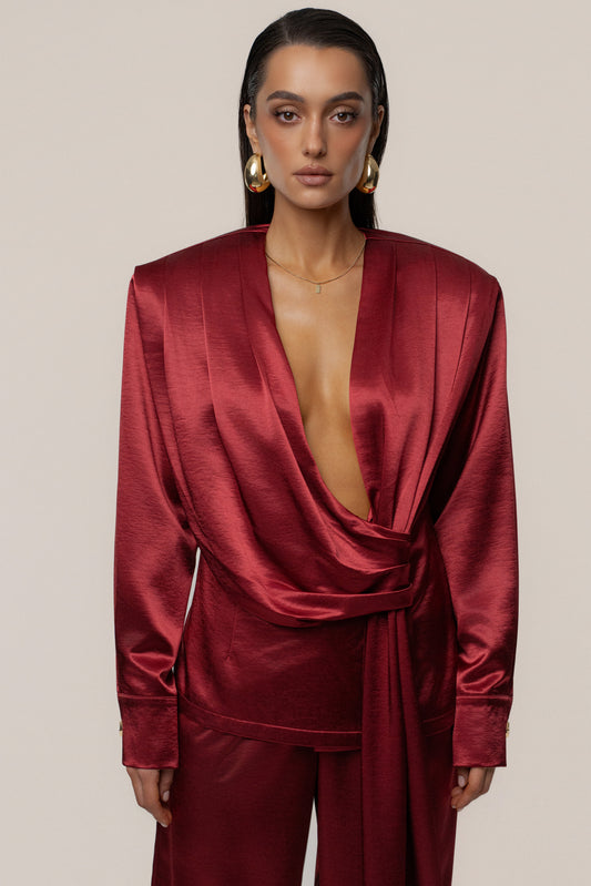 Burgundy Statement Draped Satin Top JLUXLABEL