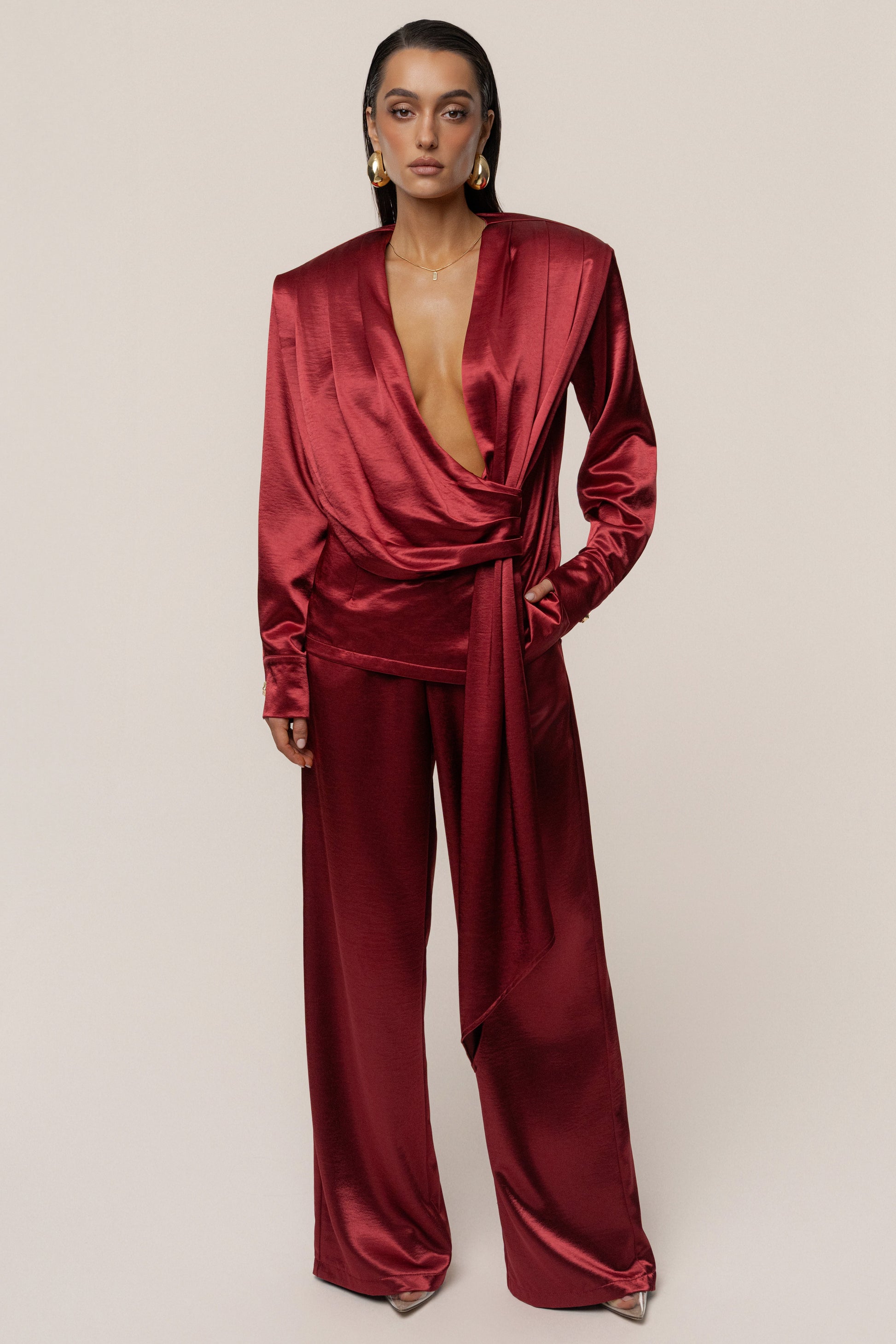 Burgundy Statement Draped Satin Top JLUXLABEL
