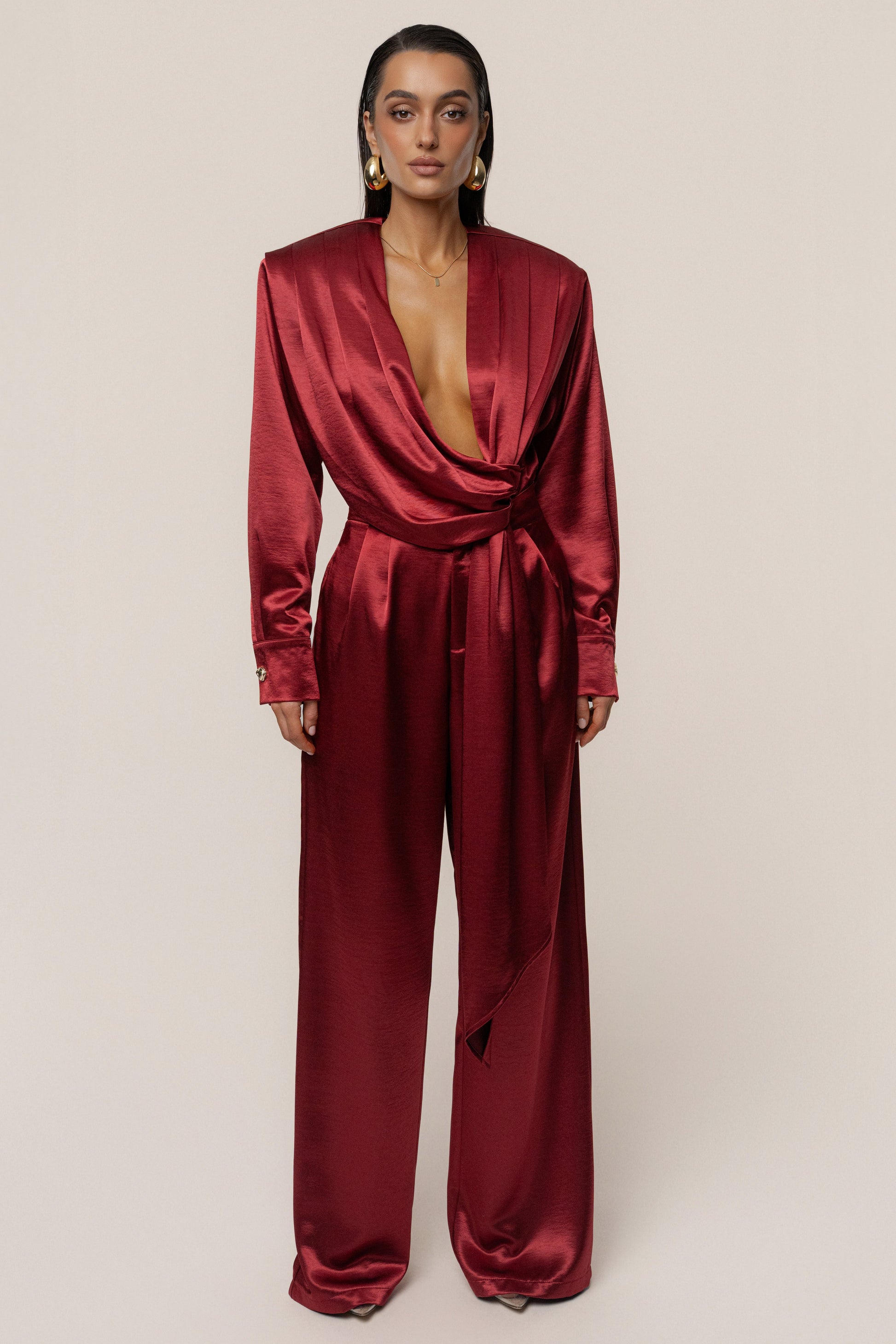 Burgundy Statement Draped Satin Top JLUXLABEL