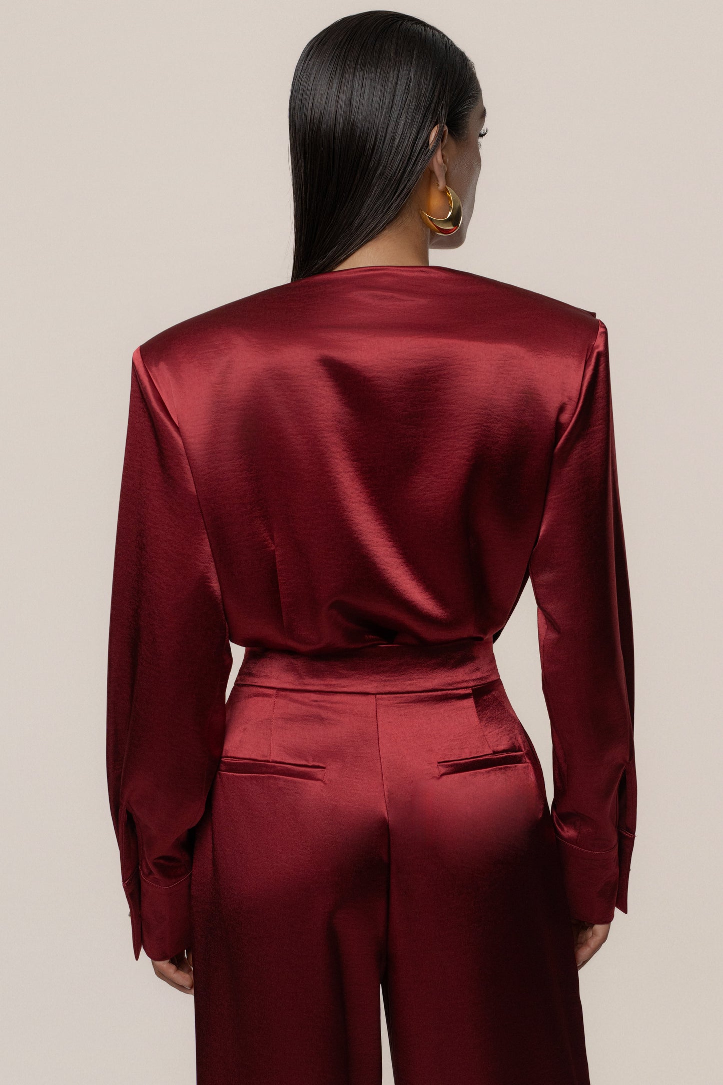 Burgundy Statement Draped Satin Top JLUXLABEL