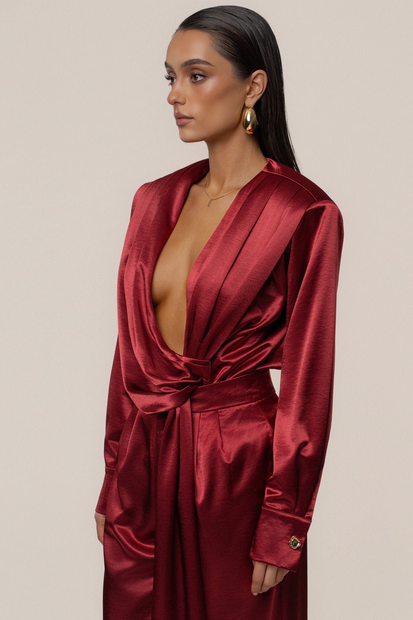 Burgundy Statement Draped Satin Top JLUXLABEL
