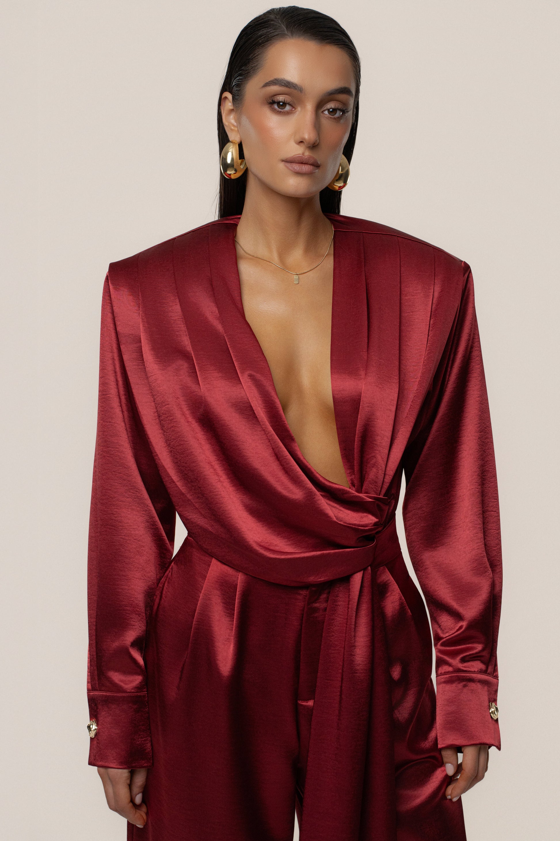 Burgundy Statement Draped Satin Top JLUXLABEL