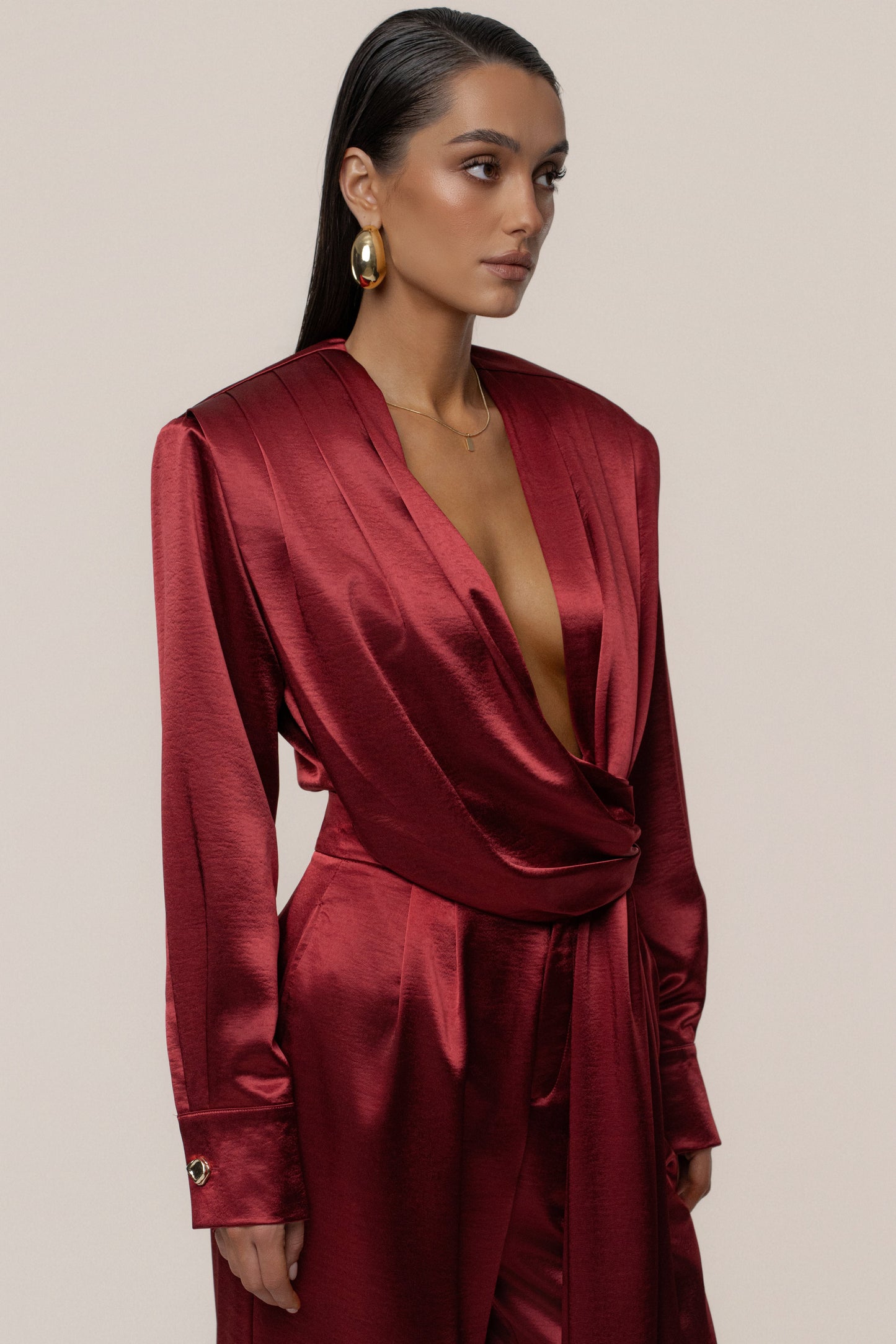Burgundy Statement Draped Satin Top JLUXLABEL
