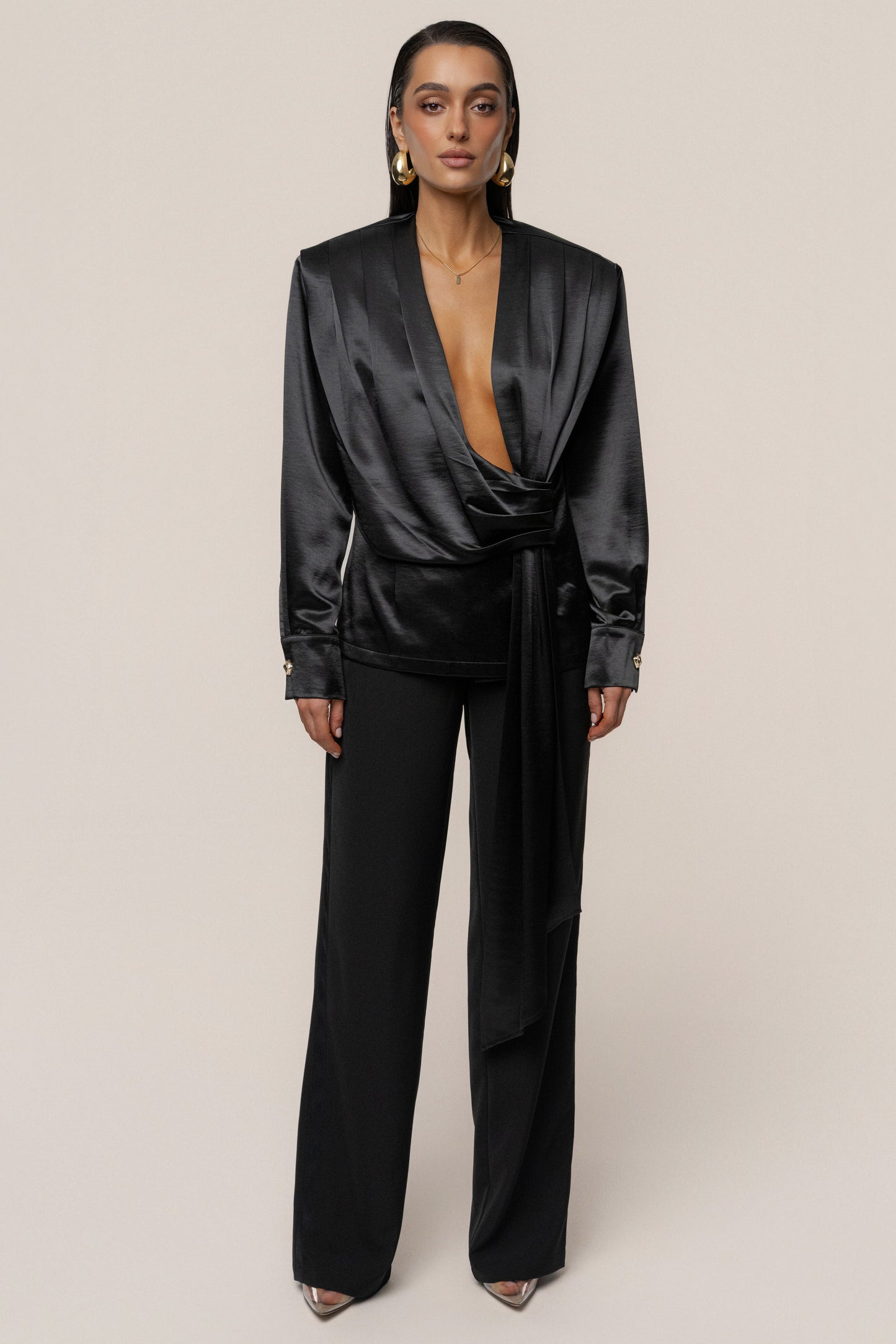 Black Statement Draped Satin Top JLUXLABEL