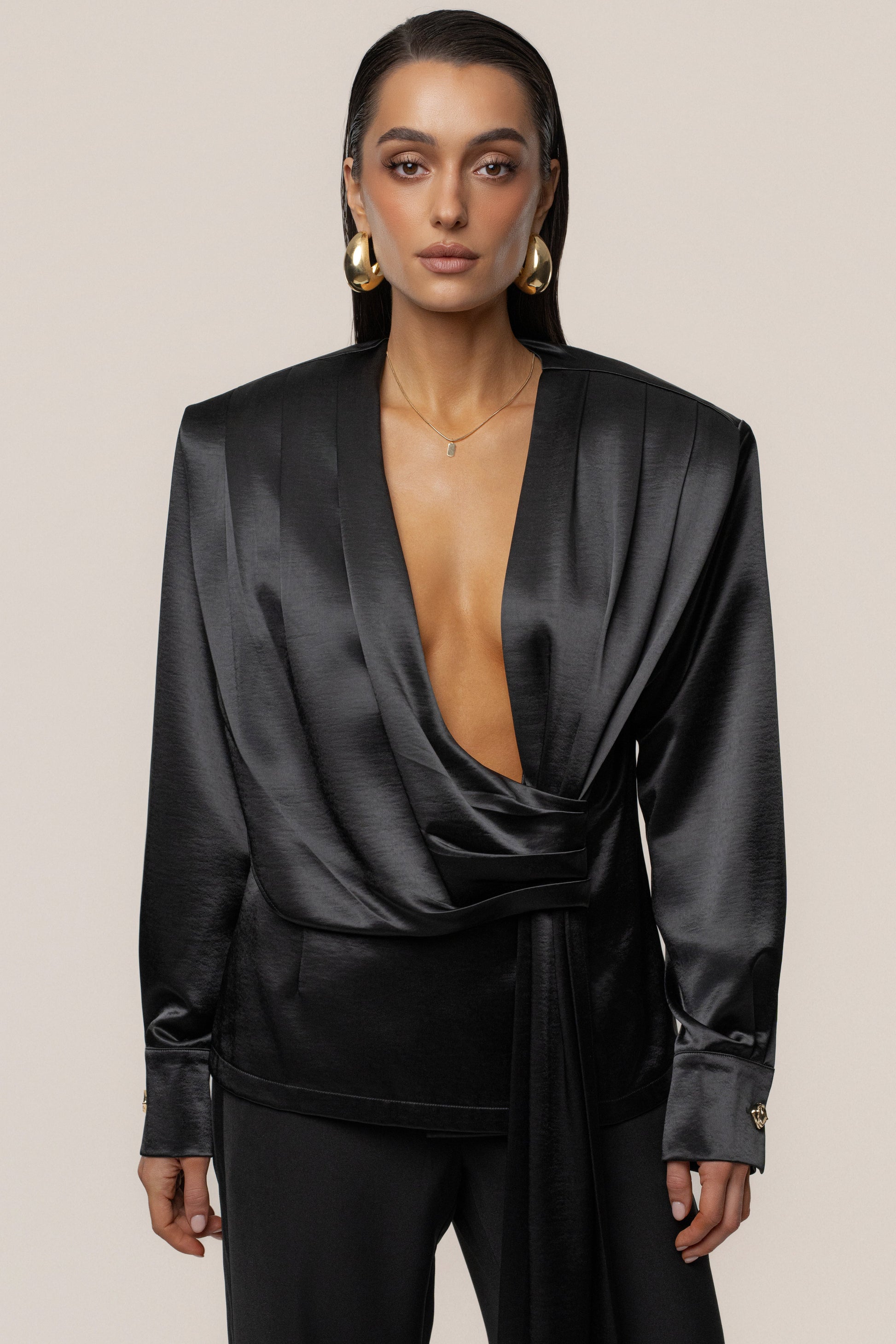 Black Statement Draped Satin Top JLUXLABEL