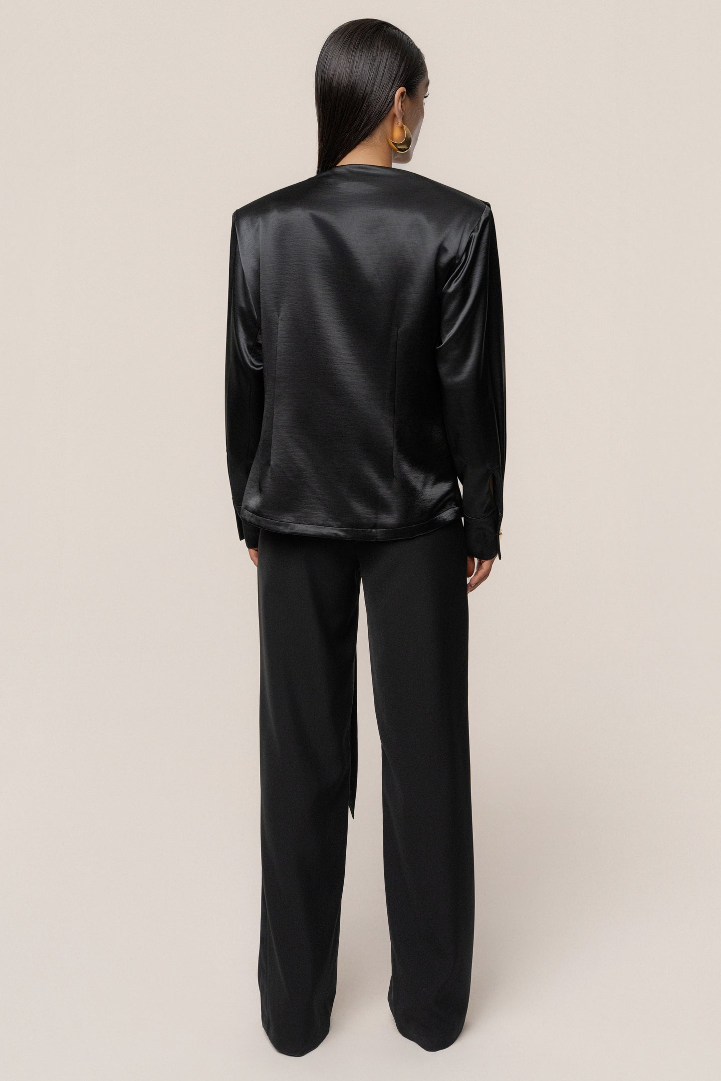 Black Statement Draped Satin Top JLUXLABEL