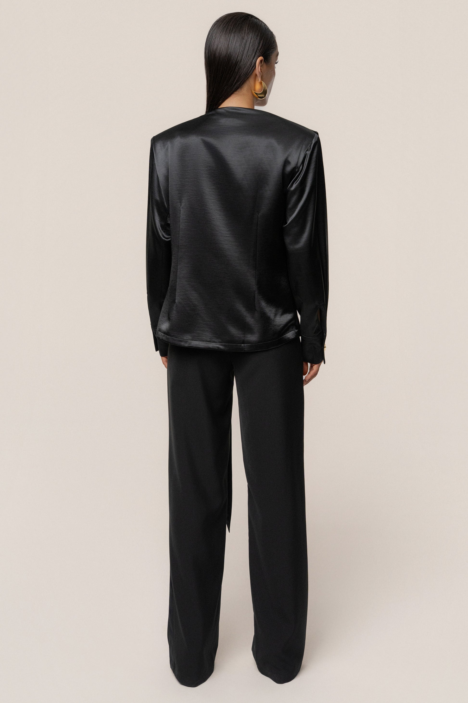 Black Statement Draped Satin Top JLUXLABEL