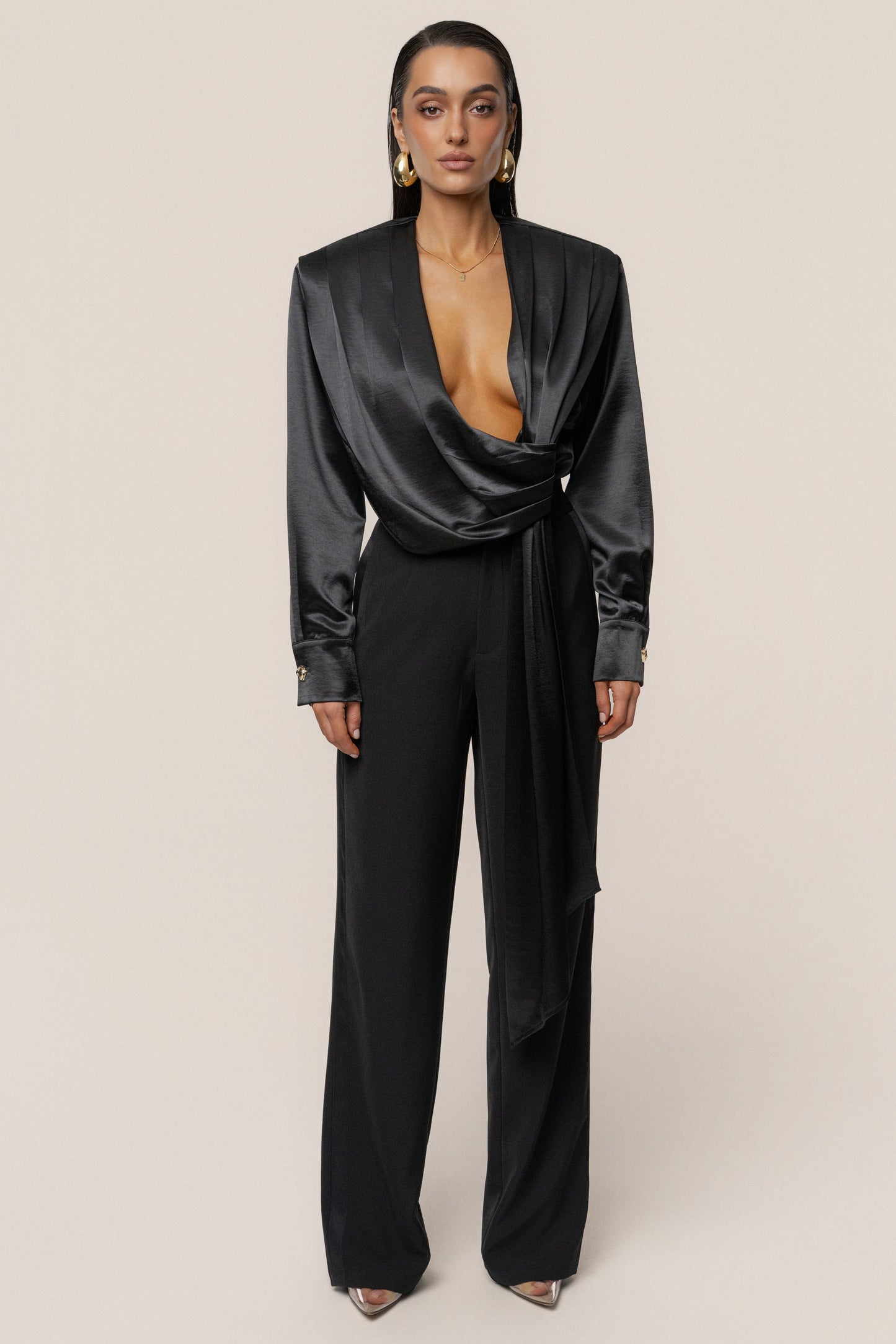 Black Statement Draped Satin Top JLUXLABEL