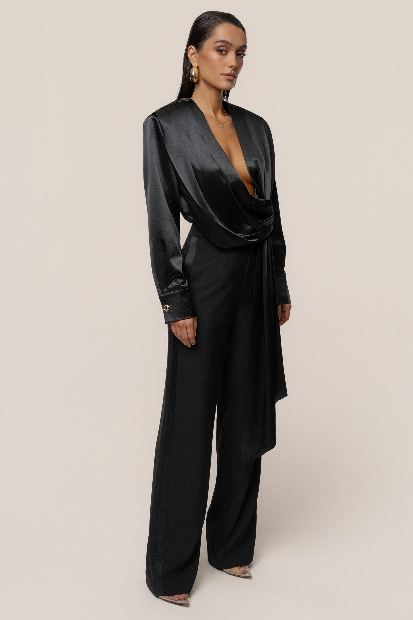 Black Statement Draped Satin Top JLUXLABEL