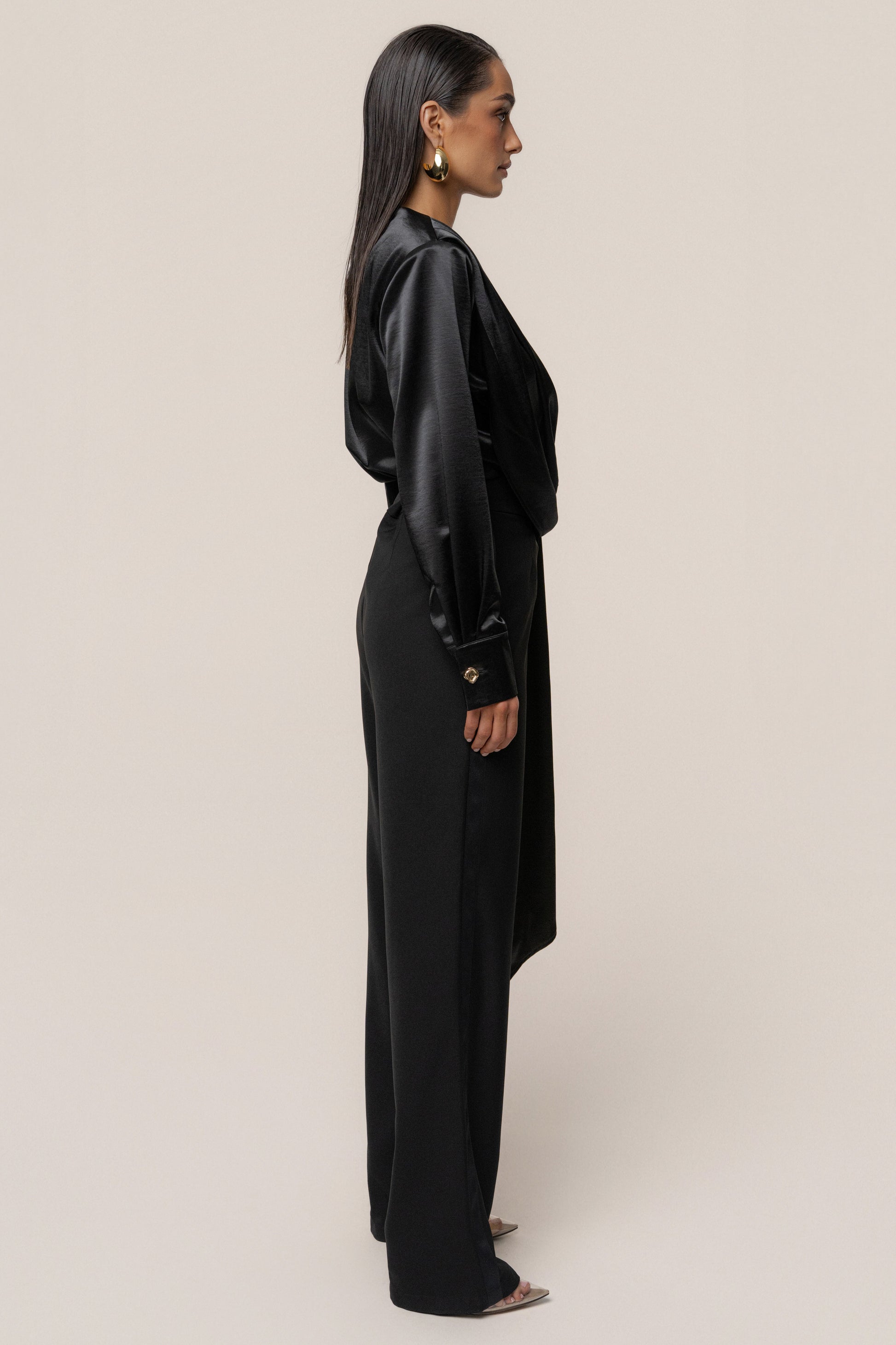 Black Statement Draped Satin Top JLUXLABEL