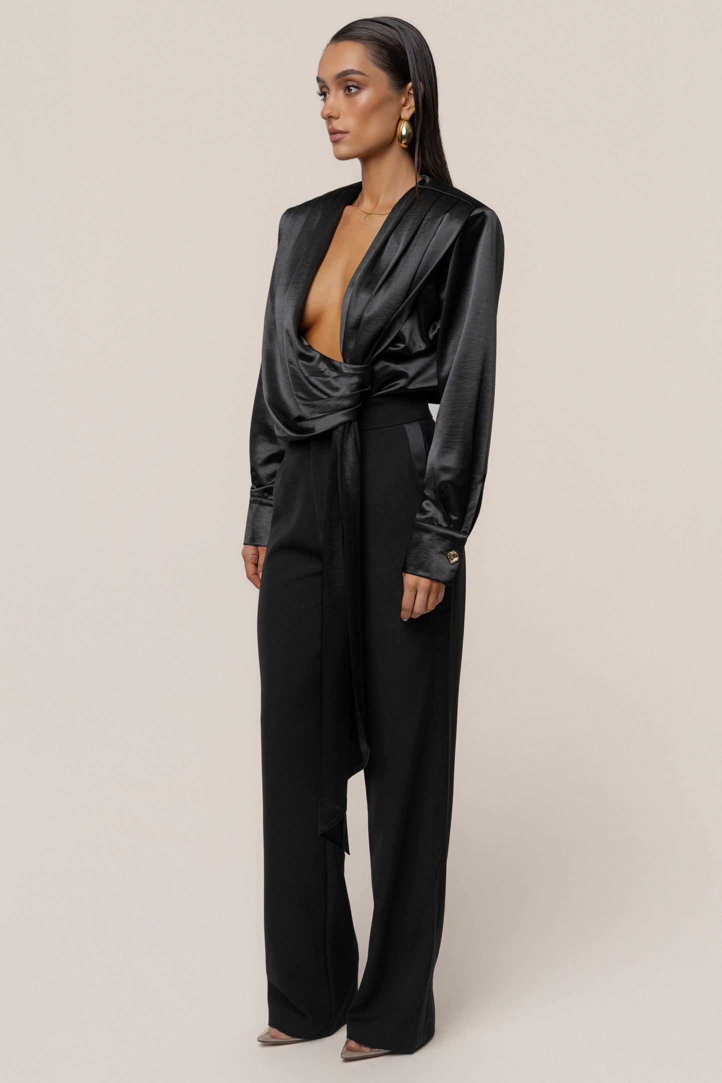 Black Statement Draped Satin Top JLUXLABEL