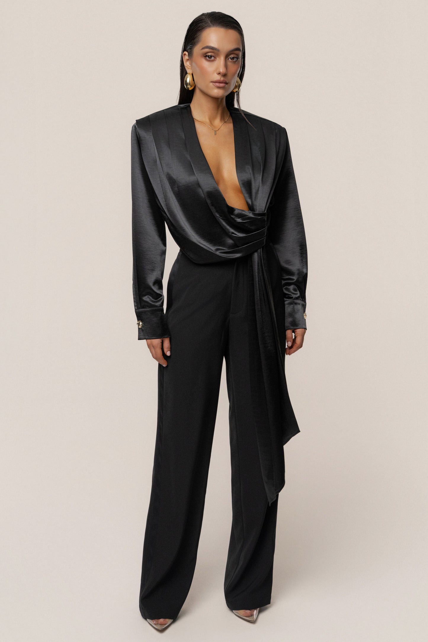 Black Statement Draped Satin Top JLUXLABEL