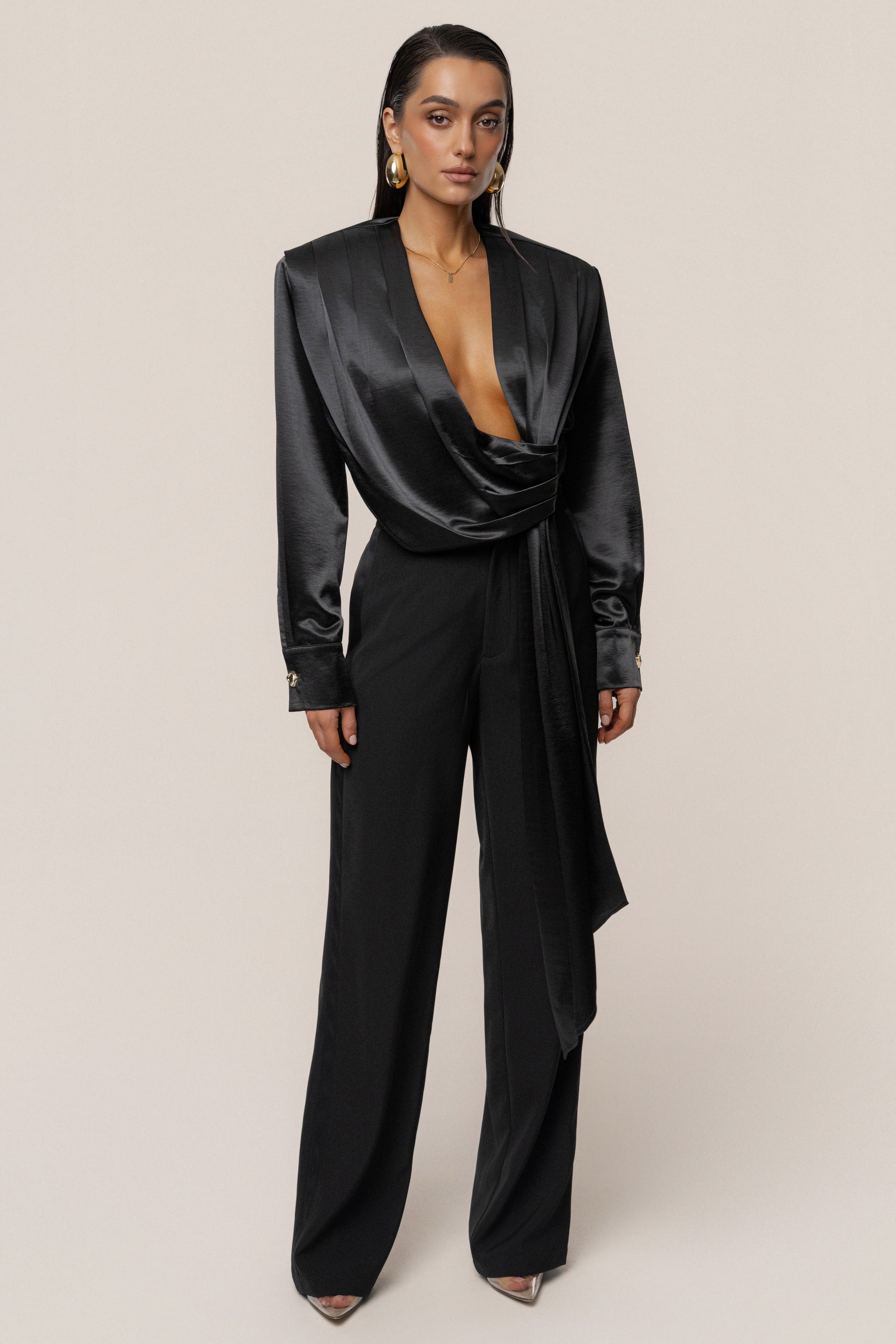 Black Statement Draped Satin Top JLUXLABEL