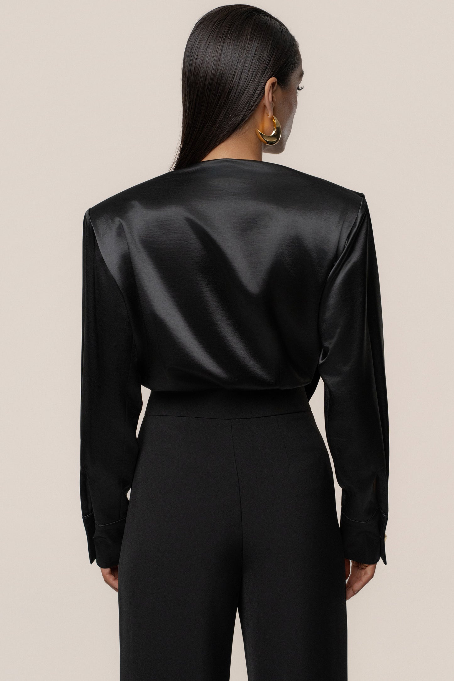 Black Statement Draped Satin Top JLUXLABEL