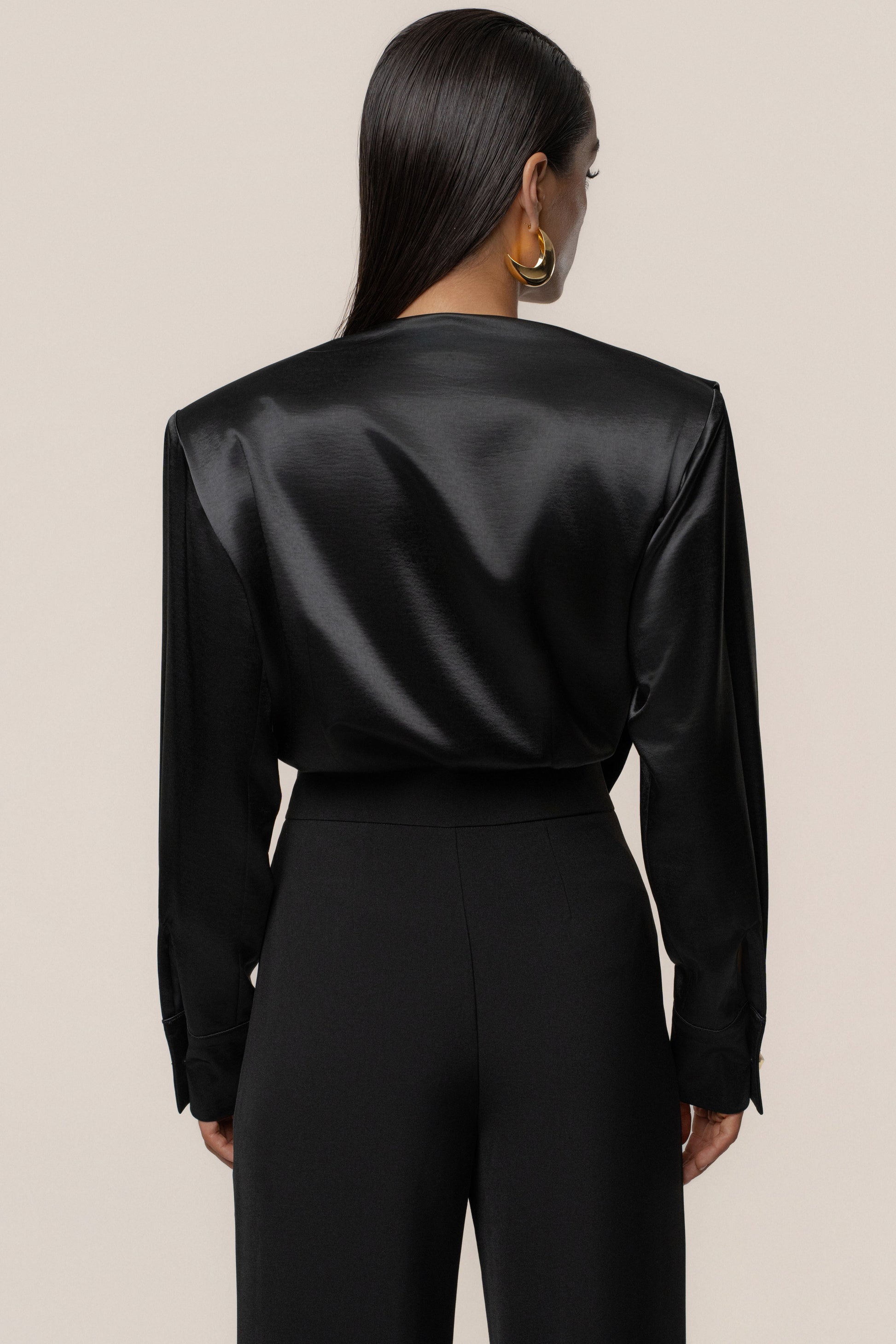 Black Statement Draped Satin Top JLUXLABEL