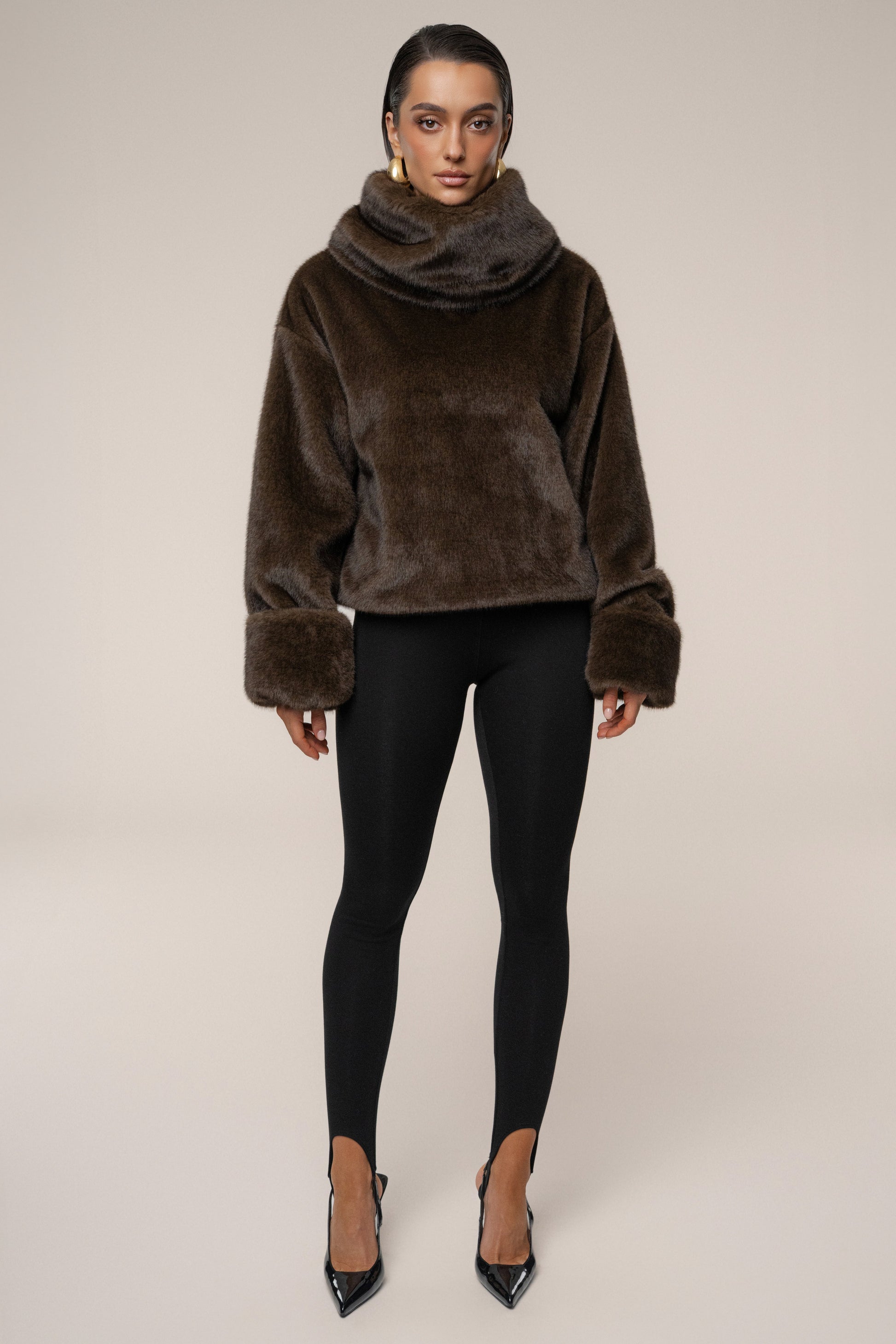 Brown Polished Faux Fur Pullover JLUXLABEL
