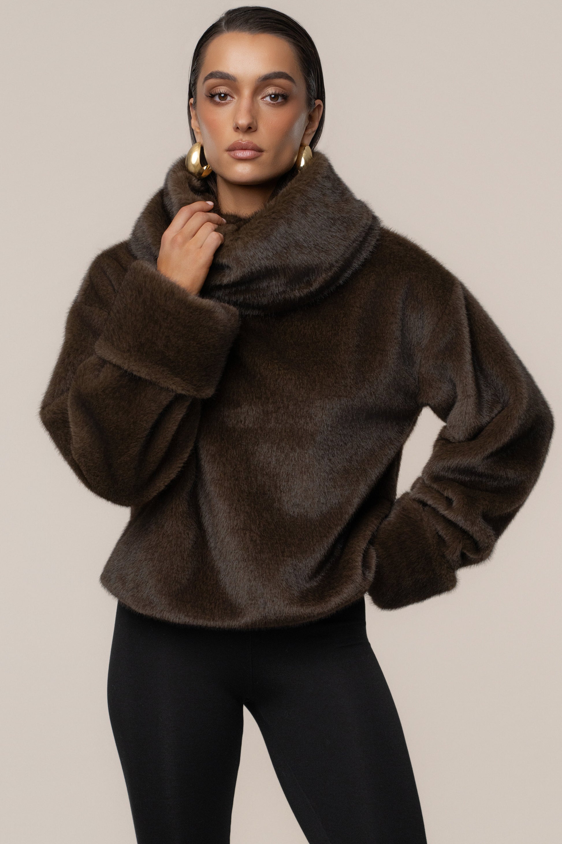 Brown Polished Faux Fur Pullover JLUXLABEL