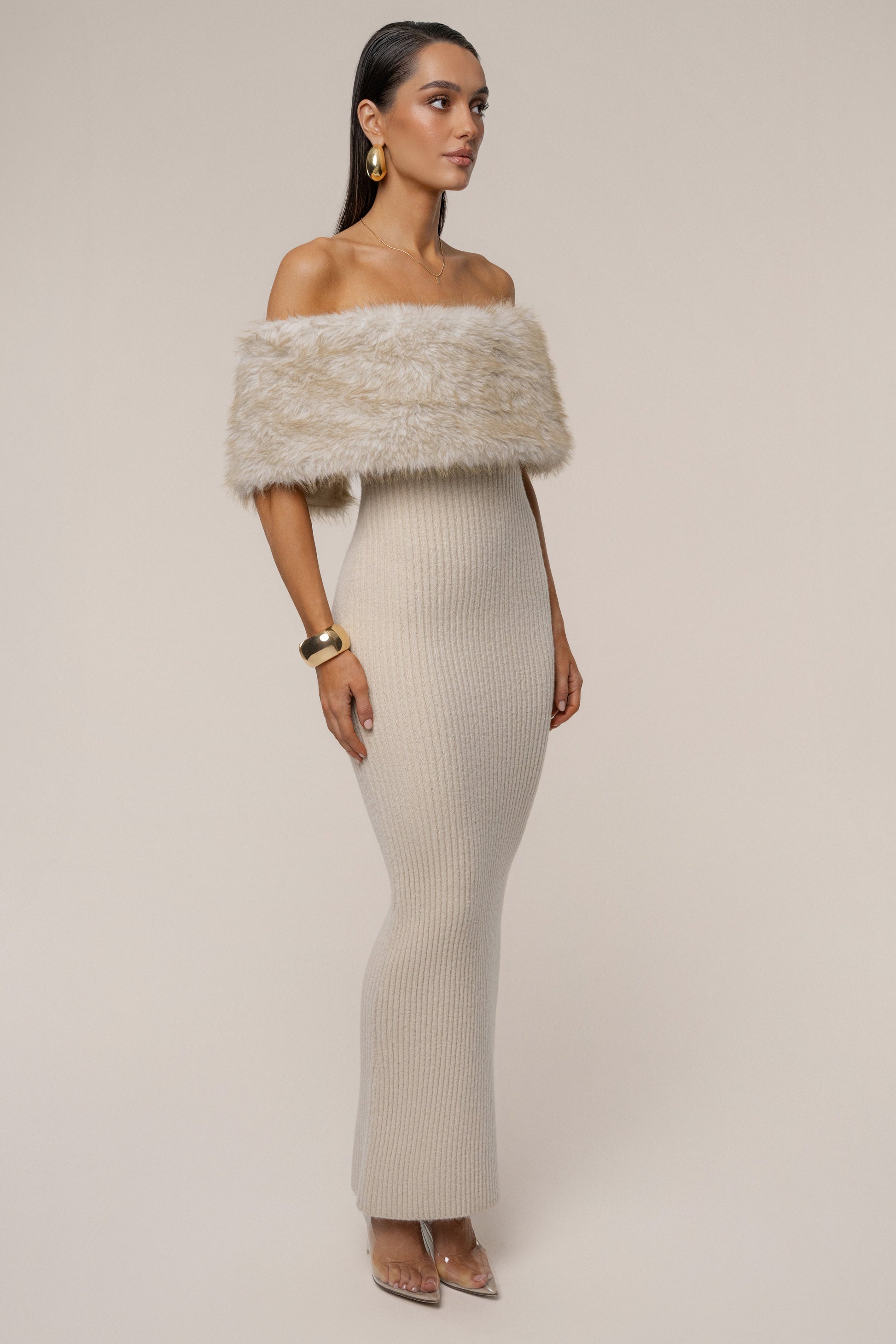 Stone Aspen Hour Faux Fur Dress JLUXLABEL