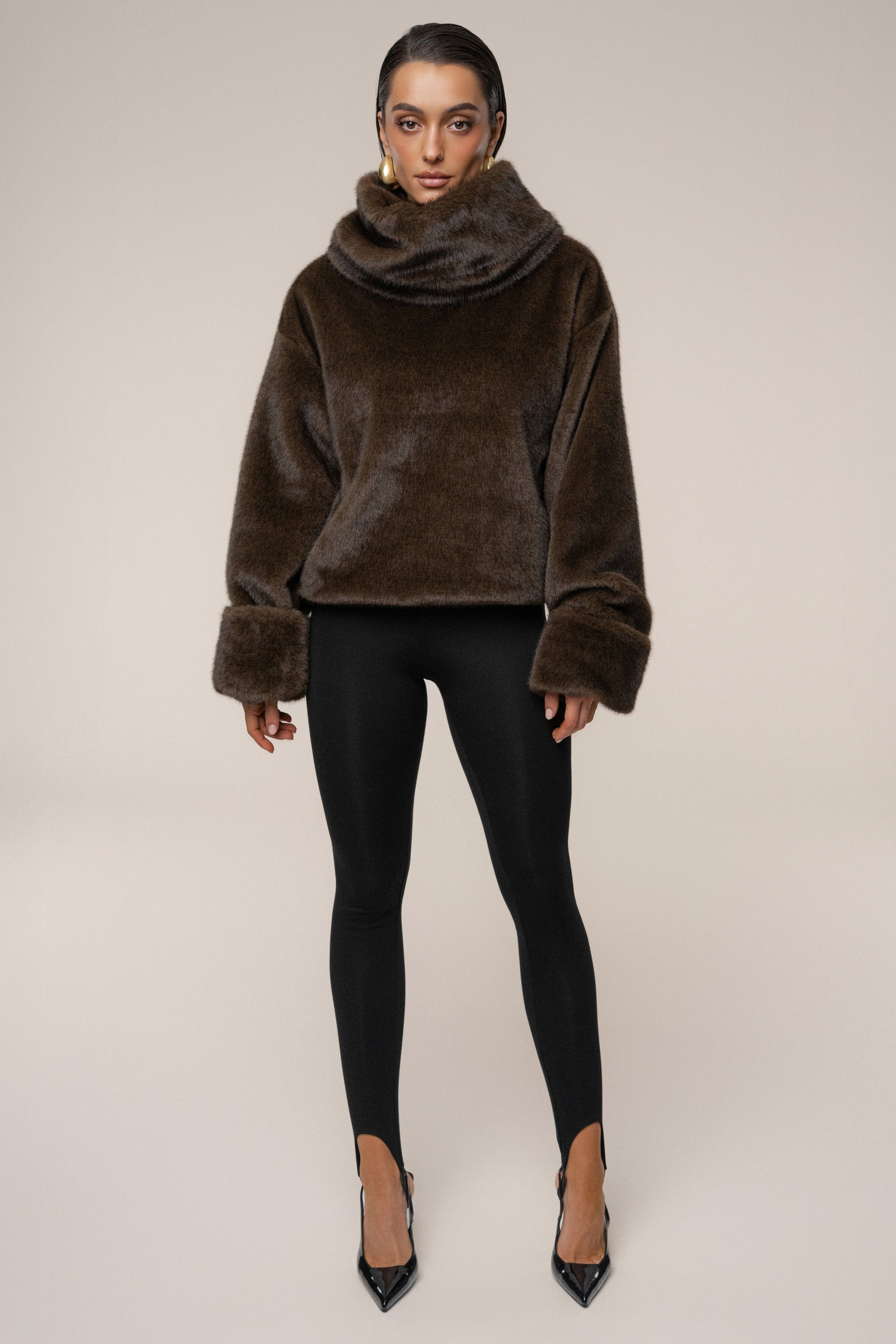 Brown Polished Faux Fur Pullover JLUXLABEL
